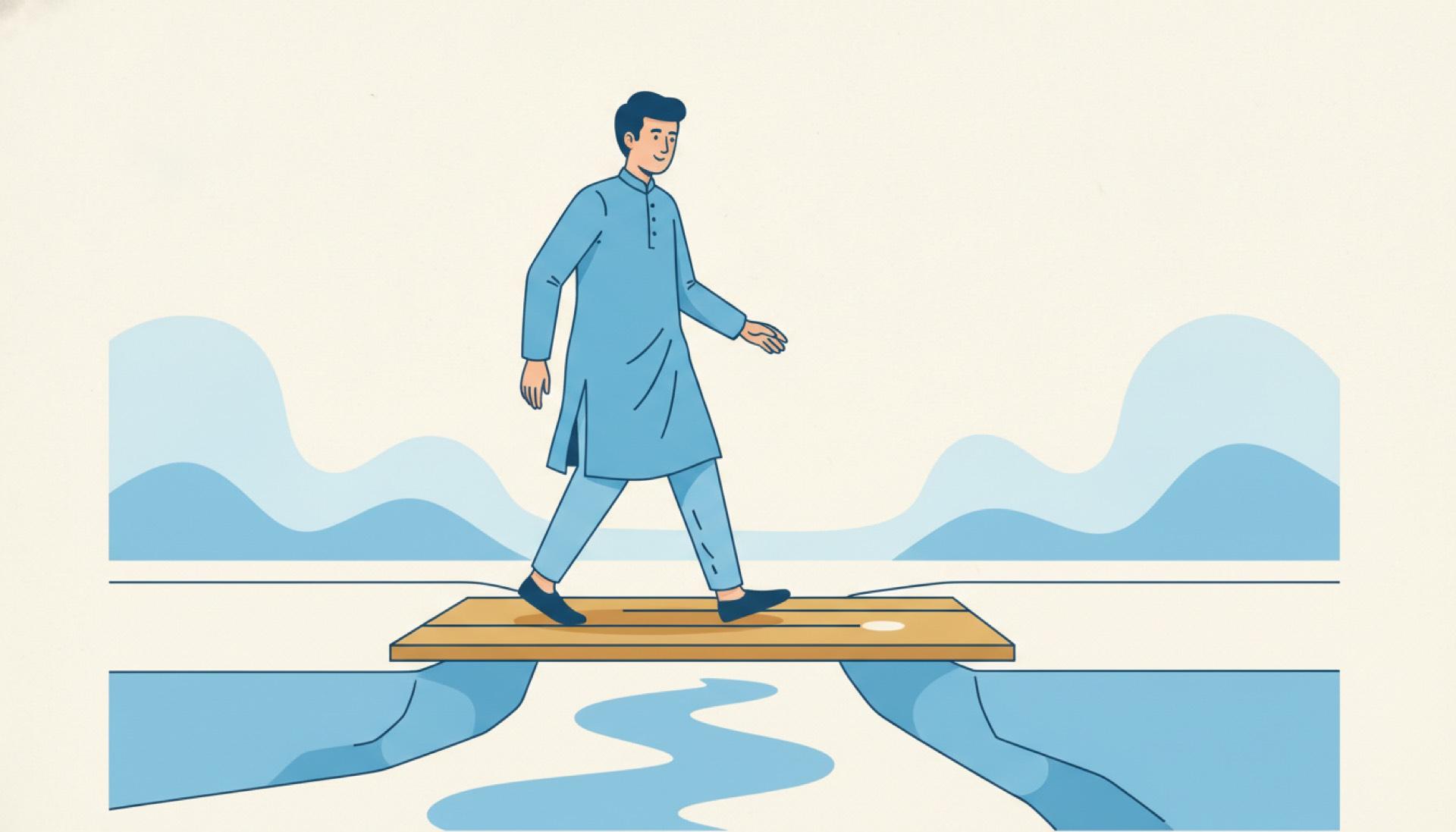 Flat blue illustration of a person stepping across a small gap between two ledges on a plank