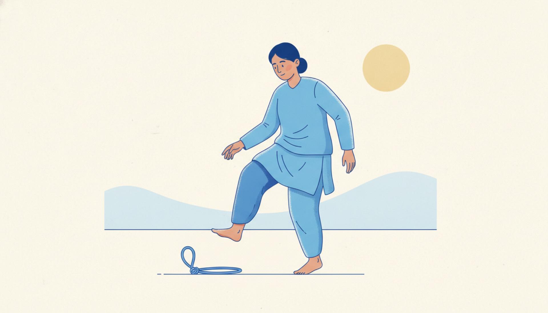 Flat blue illustration of a person carefully stepping over a small snare on the ground