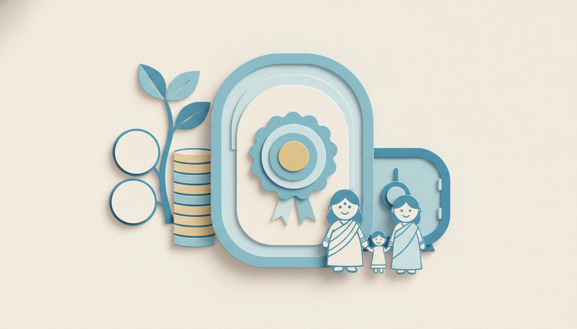 Blue cut-paper illustration of a folded document with a circular seal rosette