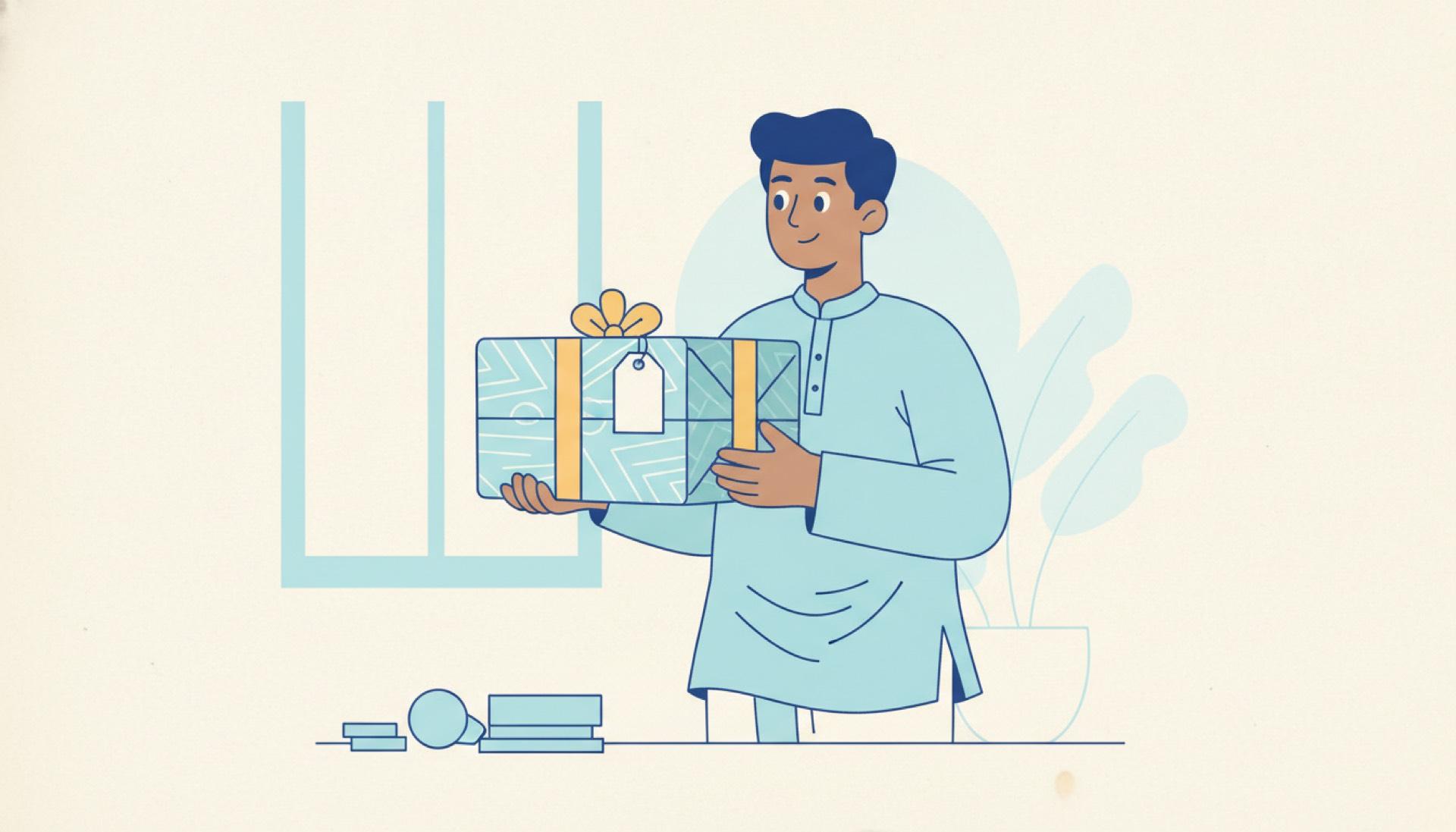 Flat blue illustration of a person receiving a wrapped gift box with a small tag turned face-down