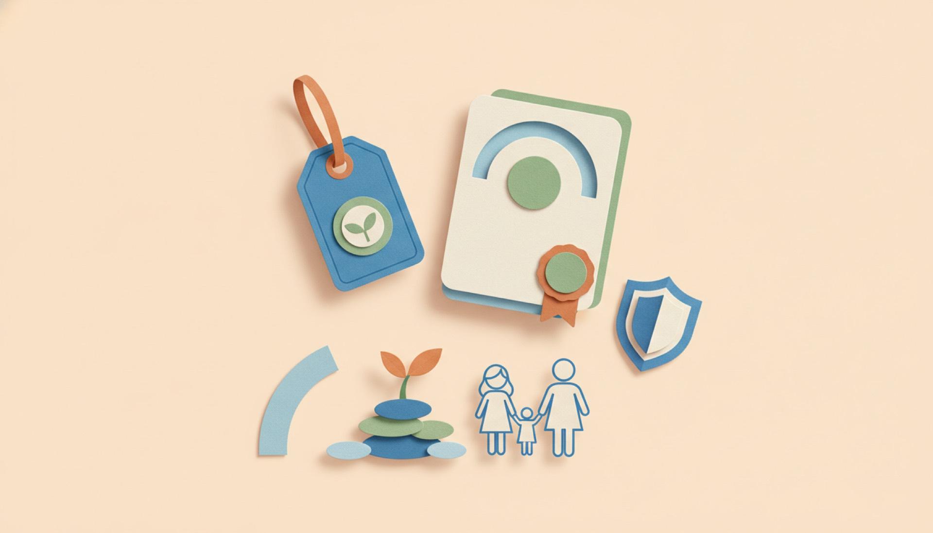 Cut-paper illustration on a soft peach background of a labelled tag and a sealed document beside a small paper family and a shield
