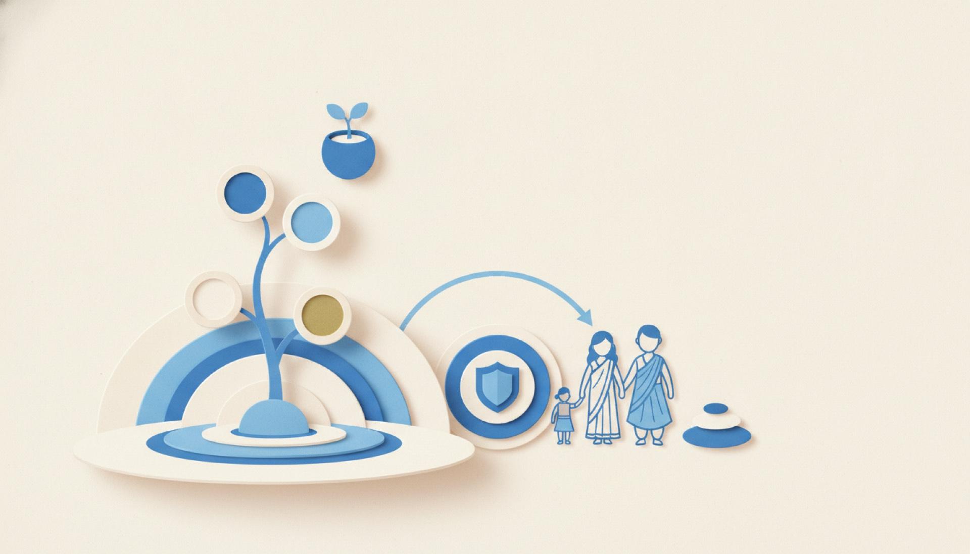 Blue cut-paper illustration of stacked rounded layers with an extra layer set above them