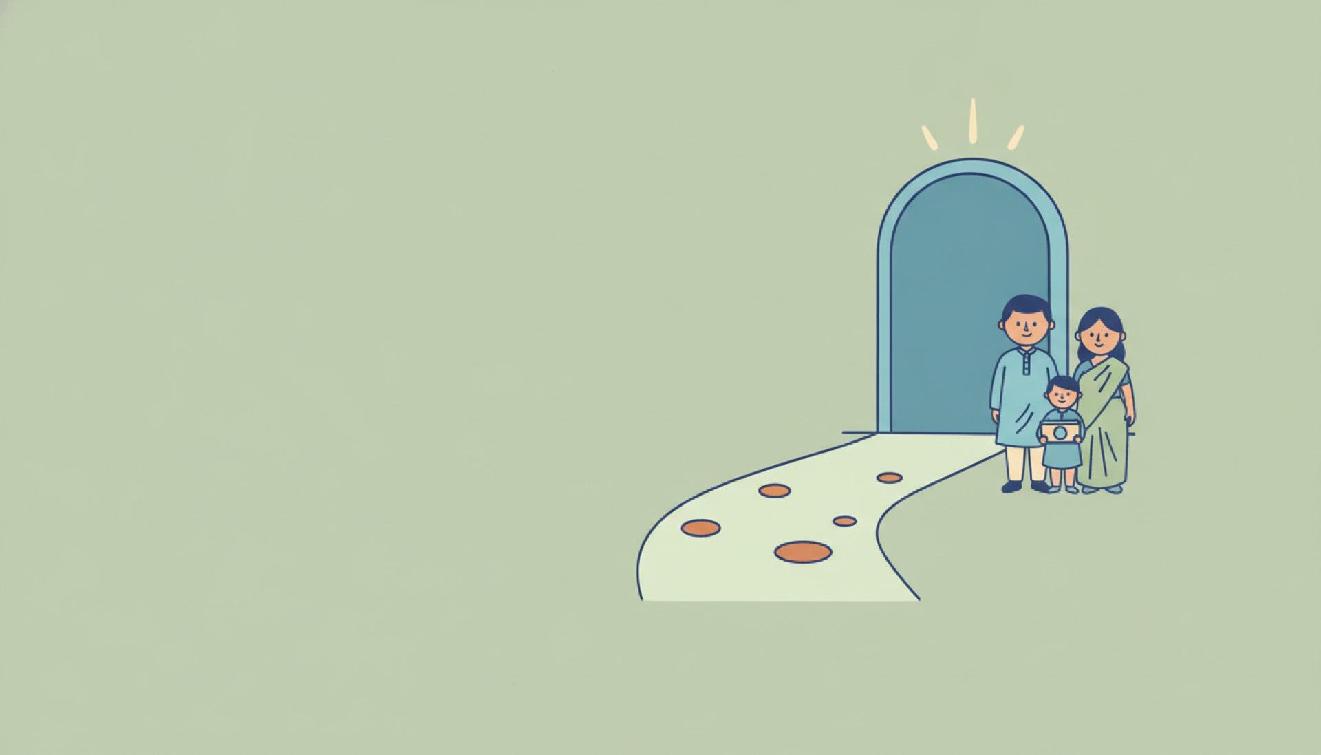 Illustration on a soft sage background of a path to an open archway, a milestone reached, an Indian family in outline
