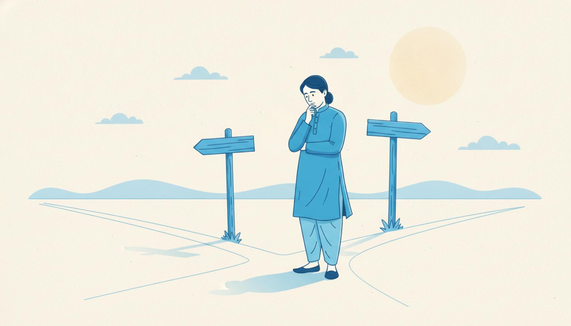 Flat blue illustration of a person at a fork between two signposts pointing different ways