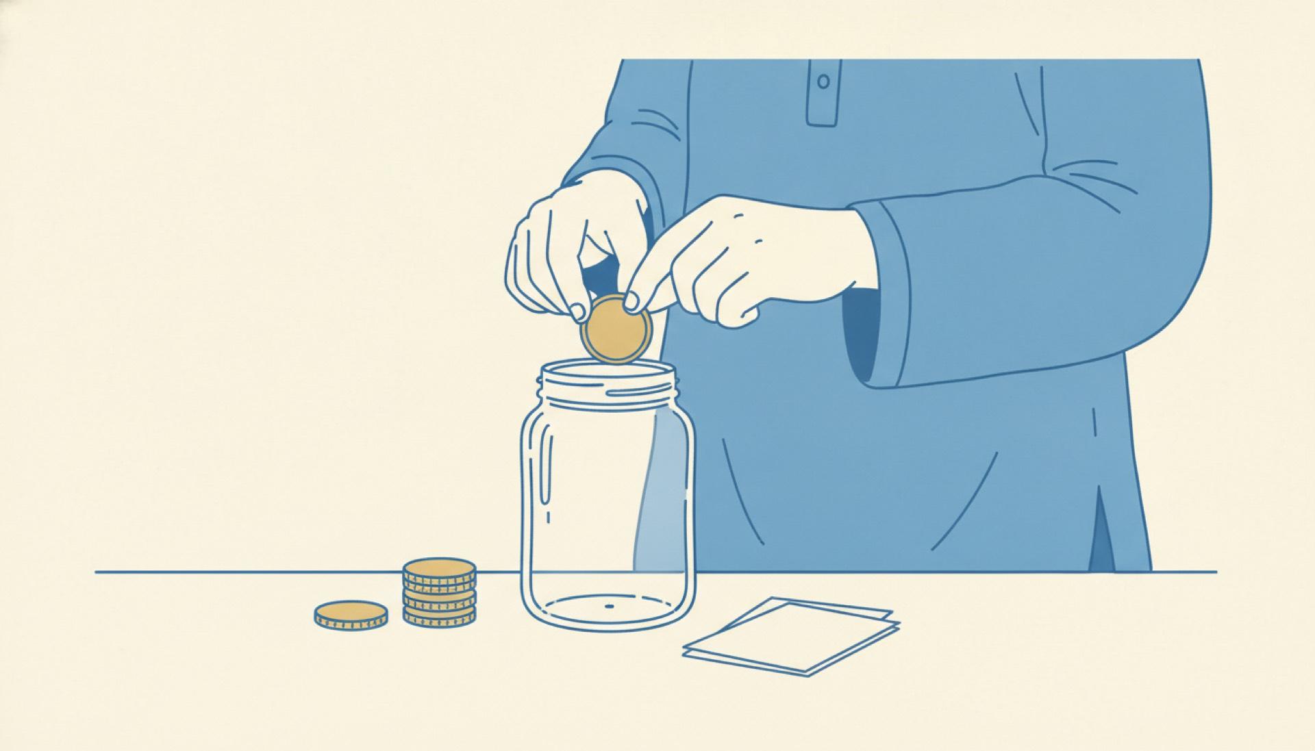 Flat blue illustration of a person placing the first coin into an empty jar
