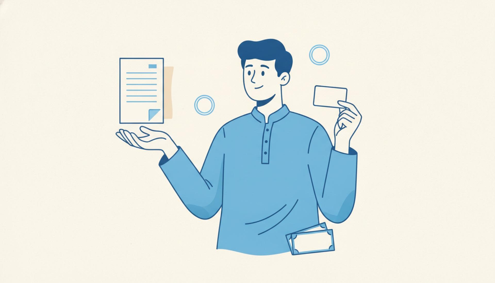 Flat blue illustration of a person weighing a folded document in one hand and a card in the other
