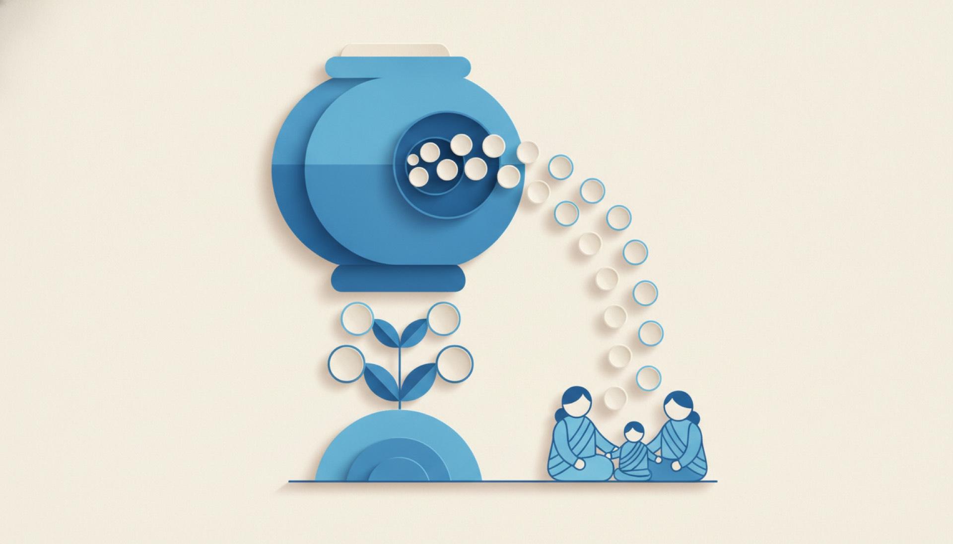 Blue cut-paper illustration of a rounded vessel with a steady stream of discs flowing outward