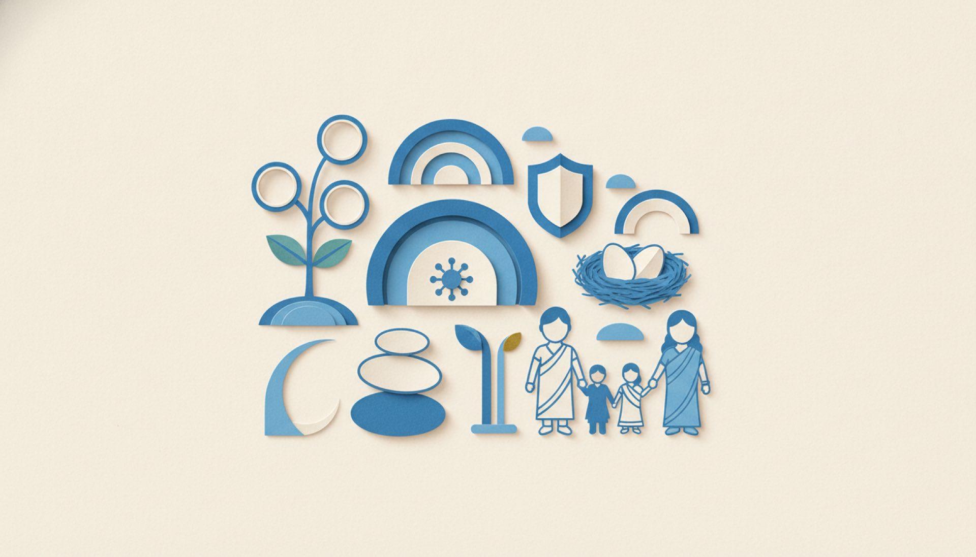 Blue cut-paper illustration of several rounded motifs grouped together like a collection