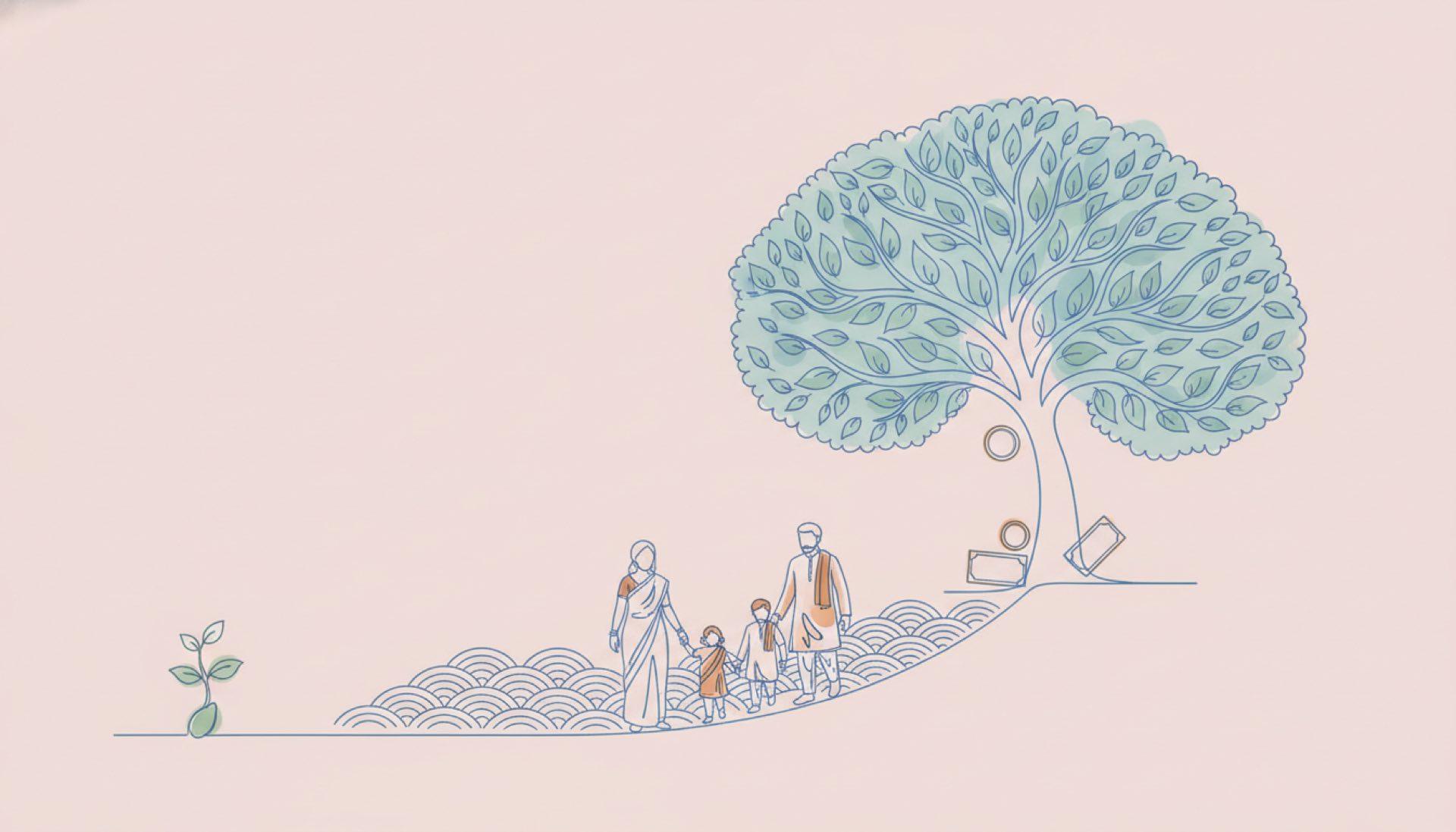 Illustration on a soft rose background of a seed growing into a large tree along a rising curve