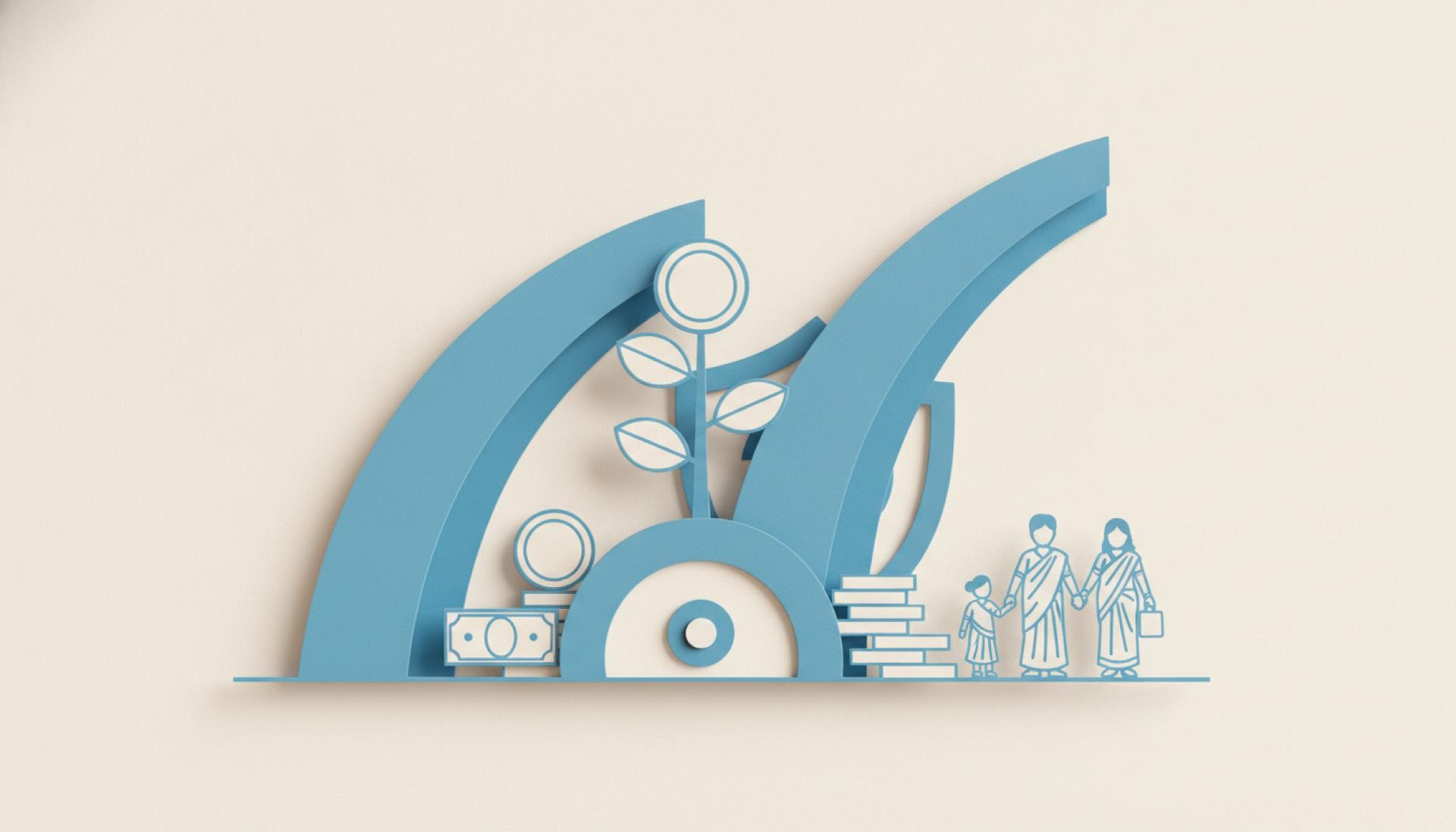 Blue cut-paper illustration of two arcs curving upward side by side above a sprouting plant