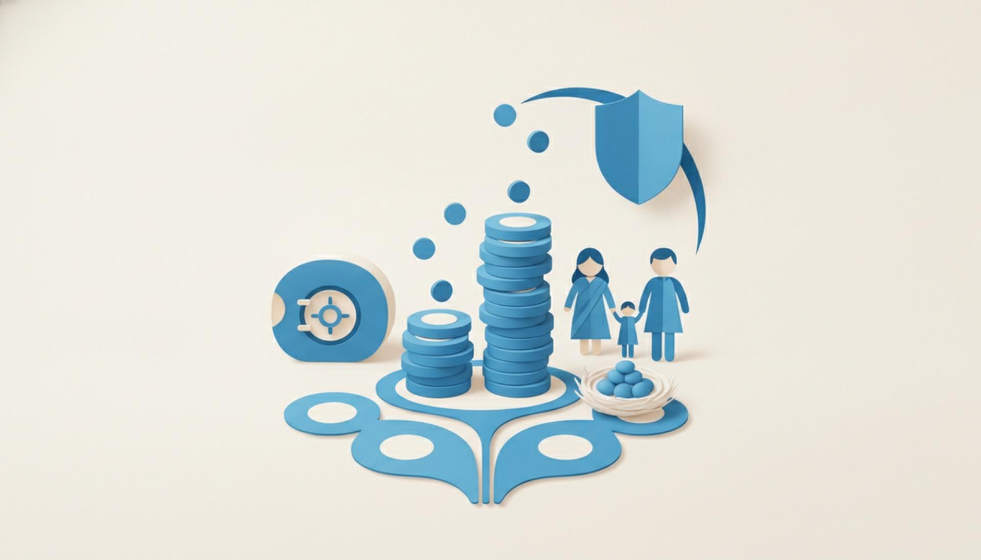 Blue cut-paper illustration of small discs dropping one by one into a growing stack