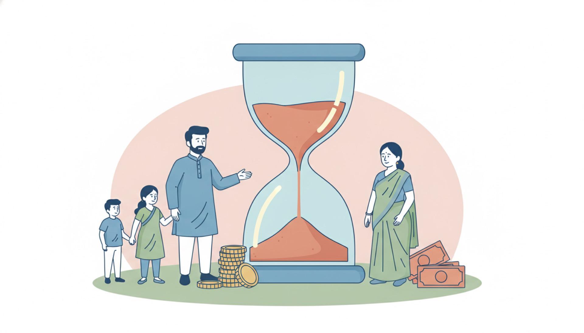 Illustration on a soft rose background of a large hourglass in continuous outline