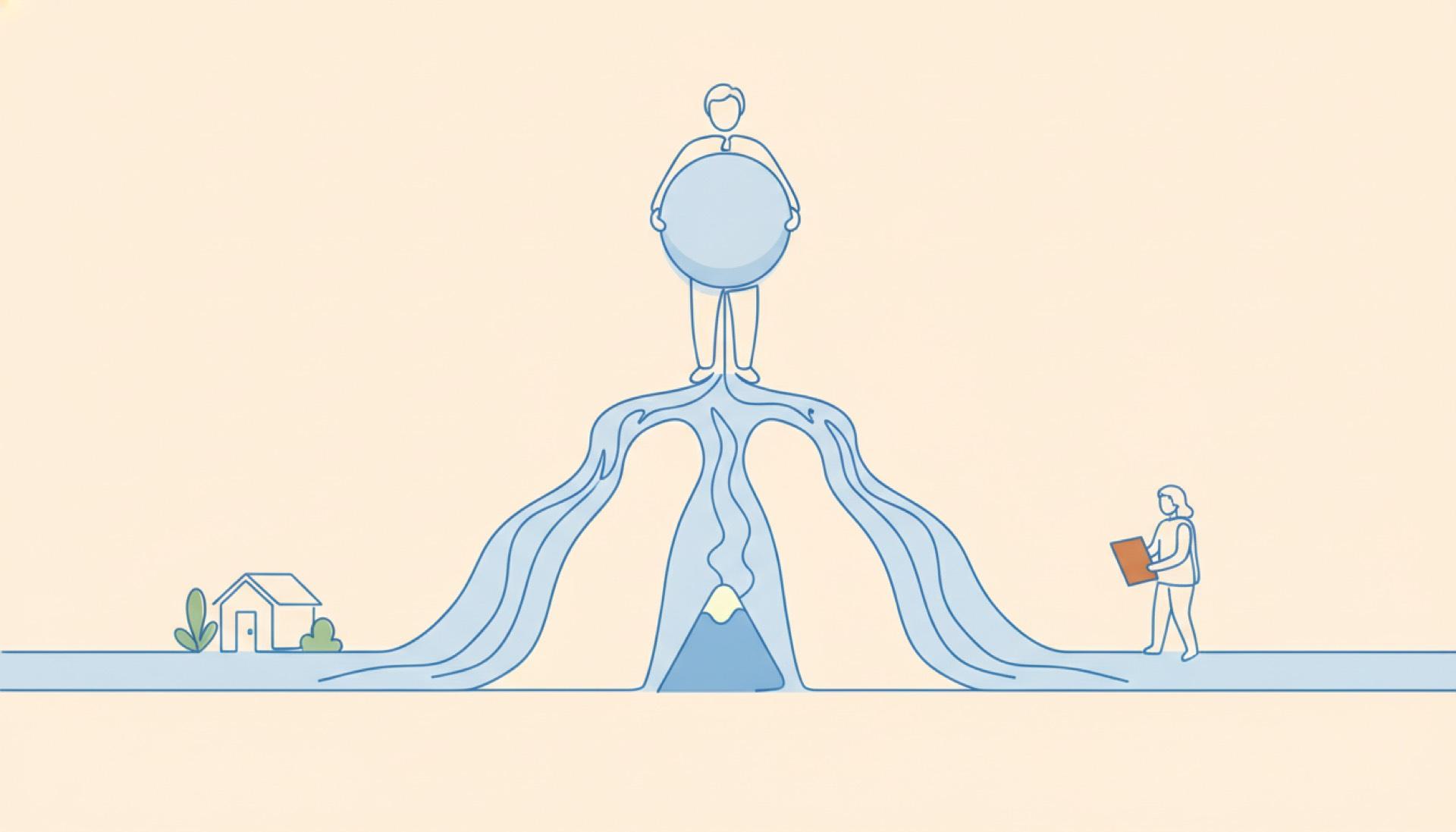 Illustration on a soft apricot background of a single line splitting into three steady streams