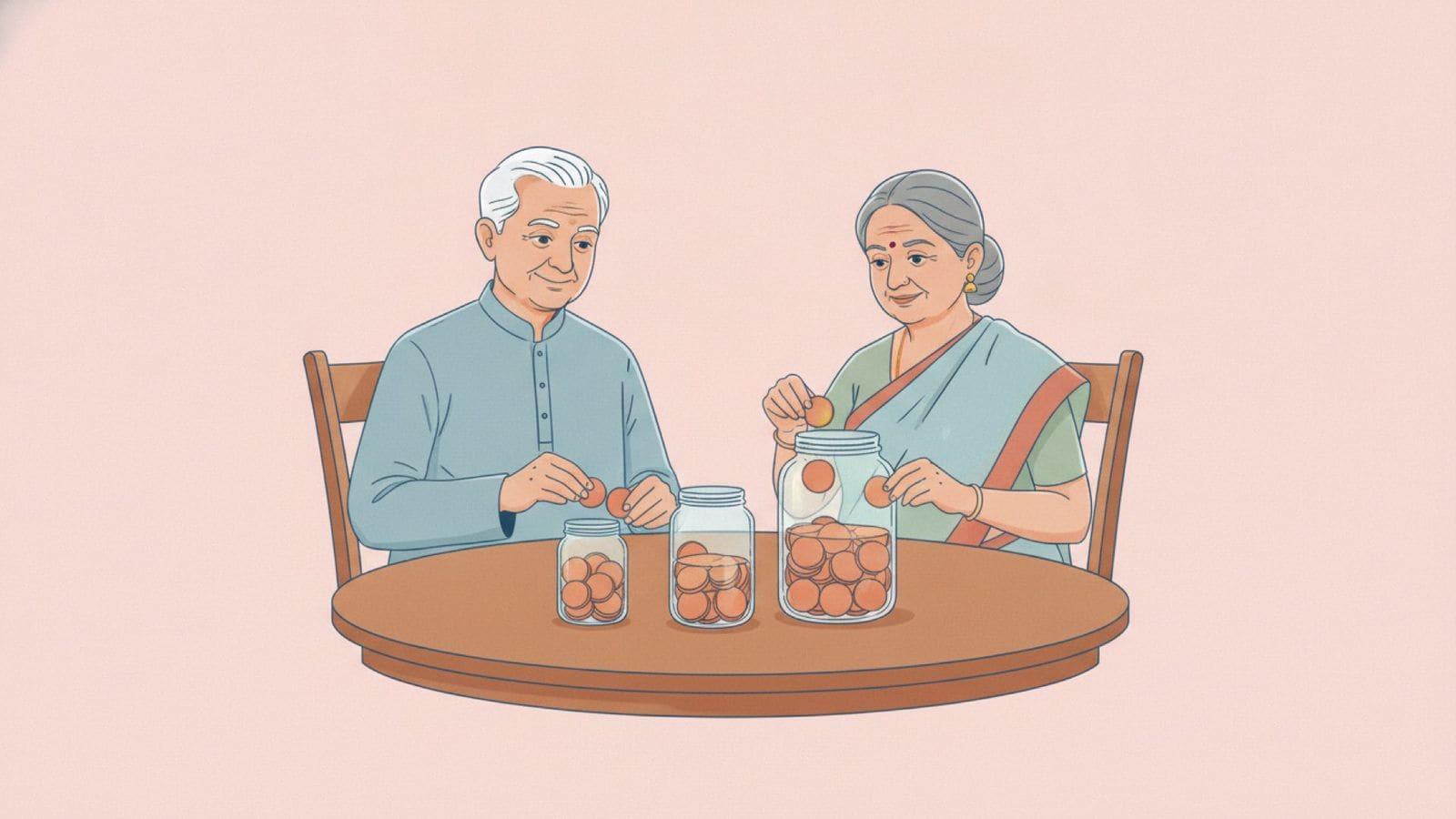 Illustration of an older Indian couple at a dining table sorting coins into three neat jars of different sizes