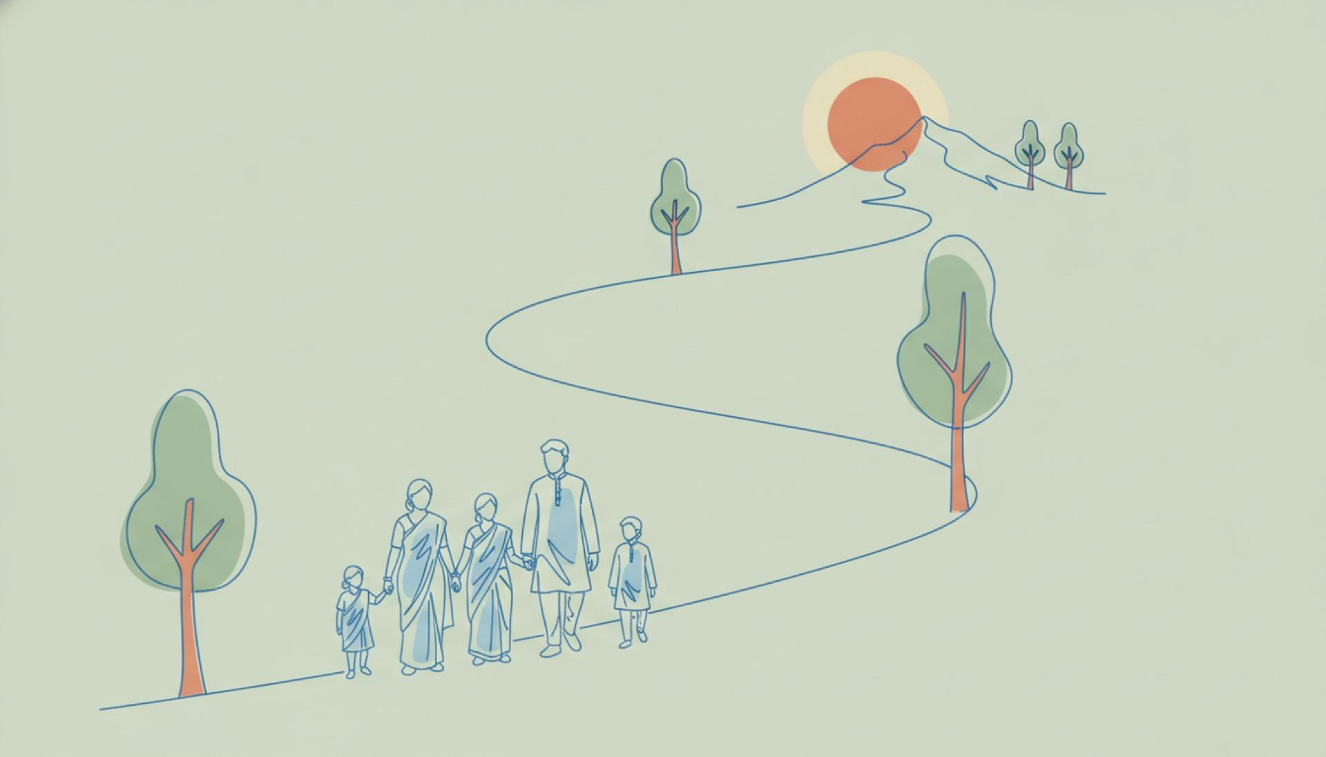 Illustration on a soft sage background of a winding path leading up to a distant peak, an Indian family setting out