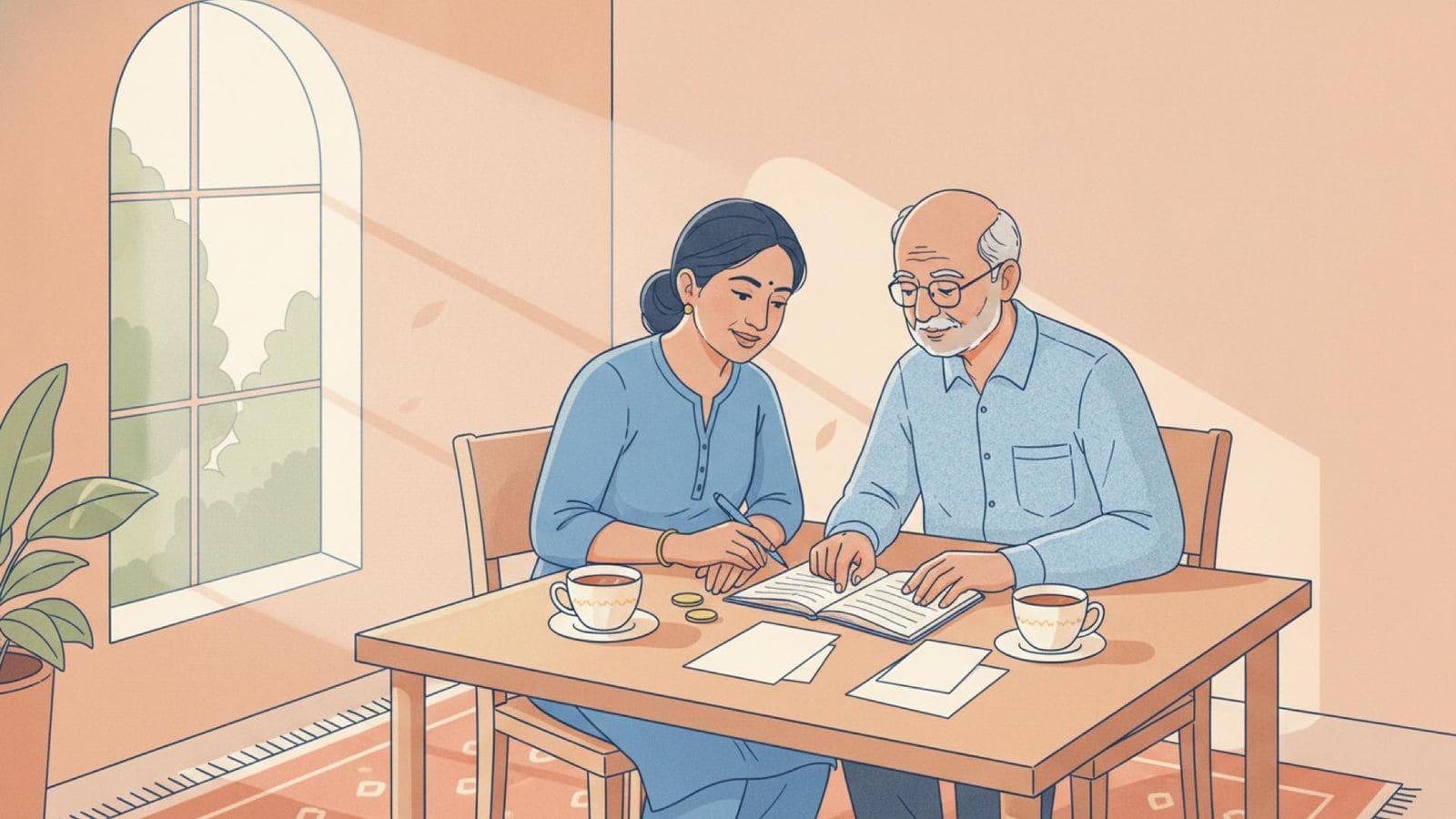 Illustration of an adult Indian daughter and her elderly father at a kitchen table going through papers and a notebook, cups of tea beside them