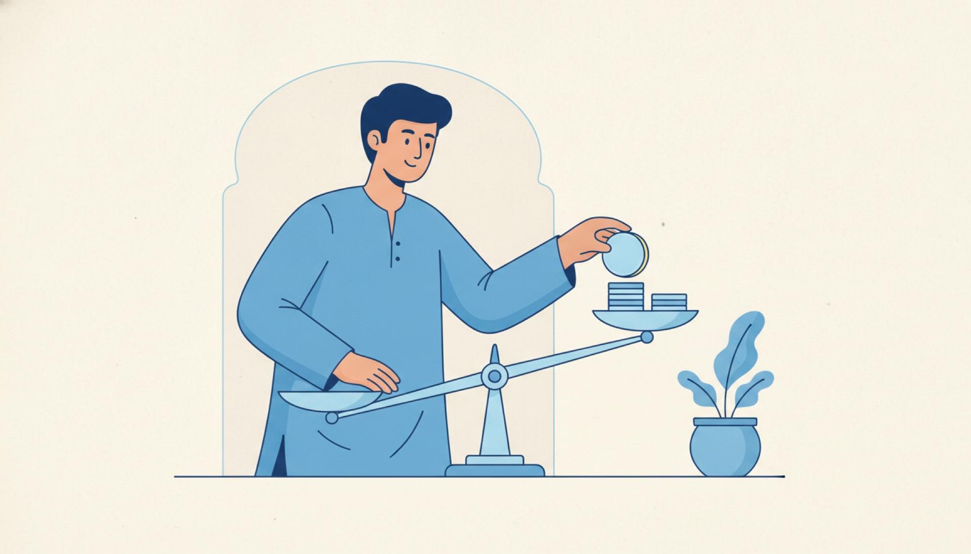 Flat blue illustration of a person placing coins one at a time as a balance scale settles level