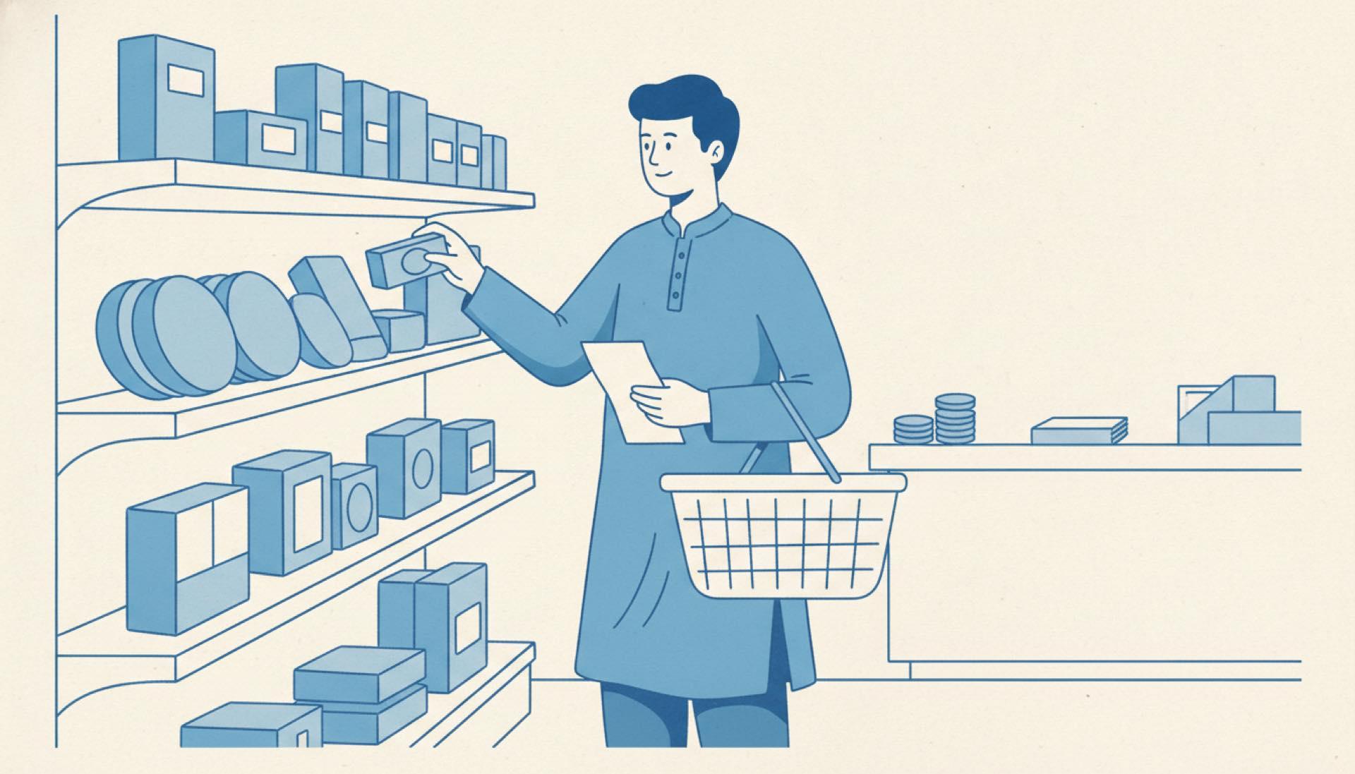 Flat blue illustration of a person with a shopping basket and a list choosing groceries from a shelf