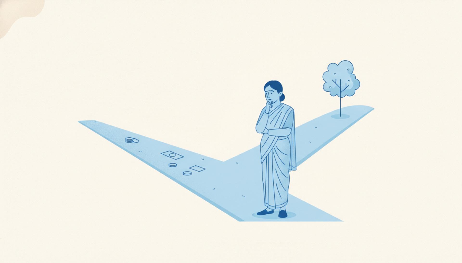 Flat blue illustration of a person standing where a flat path and a rising hill path meet