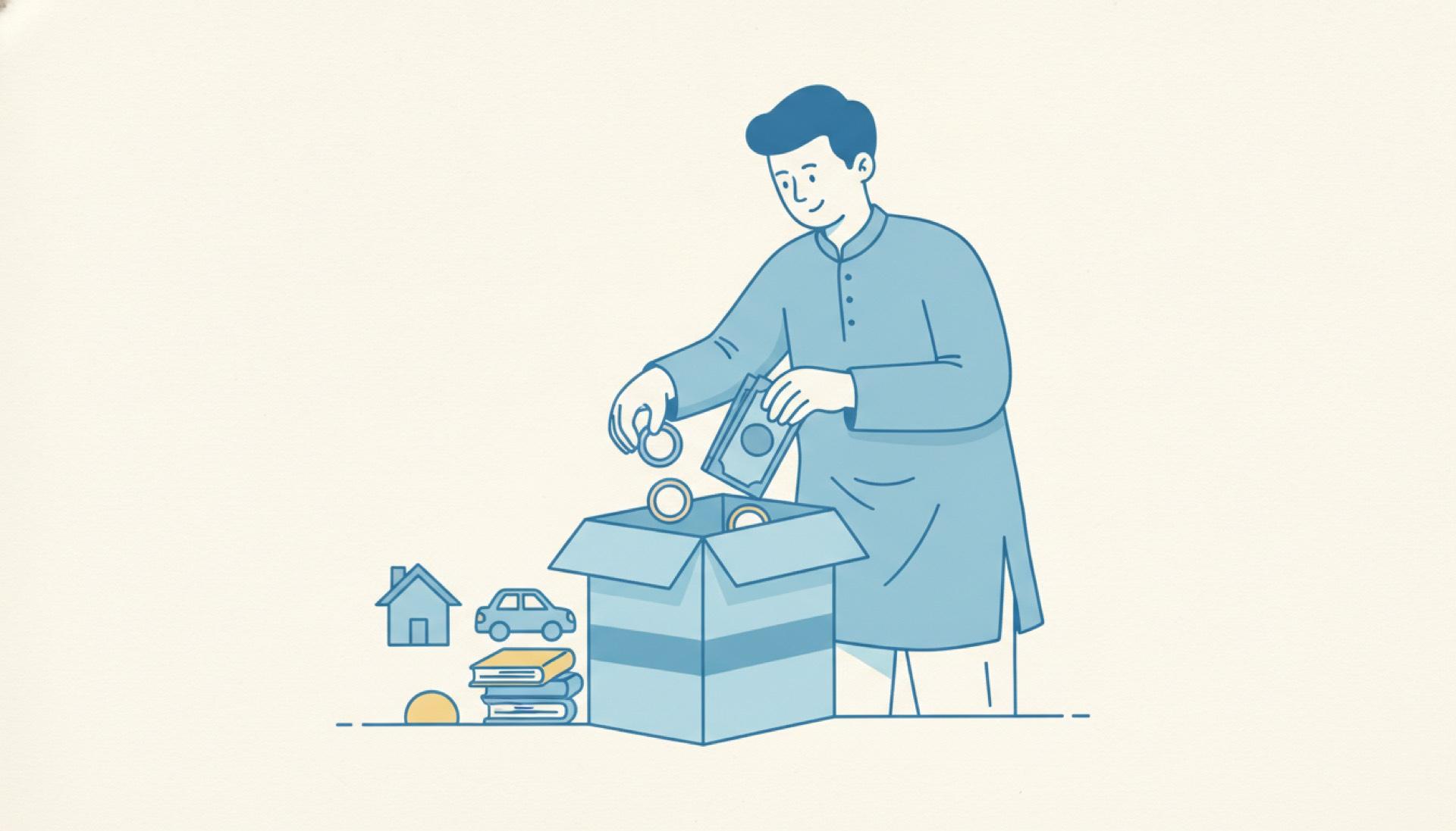 Flat blue illustration of a person placing objects into an open box up to a marked line