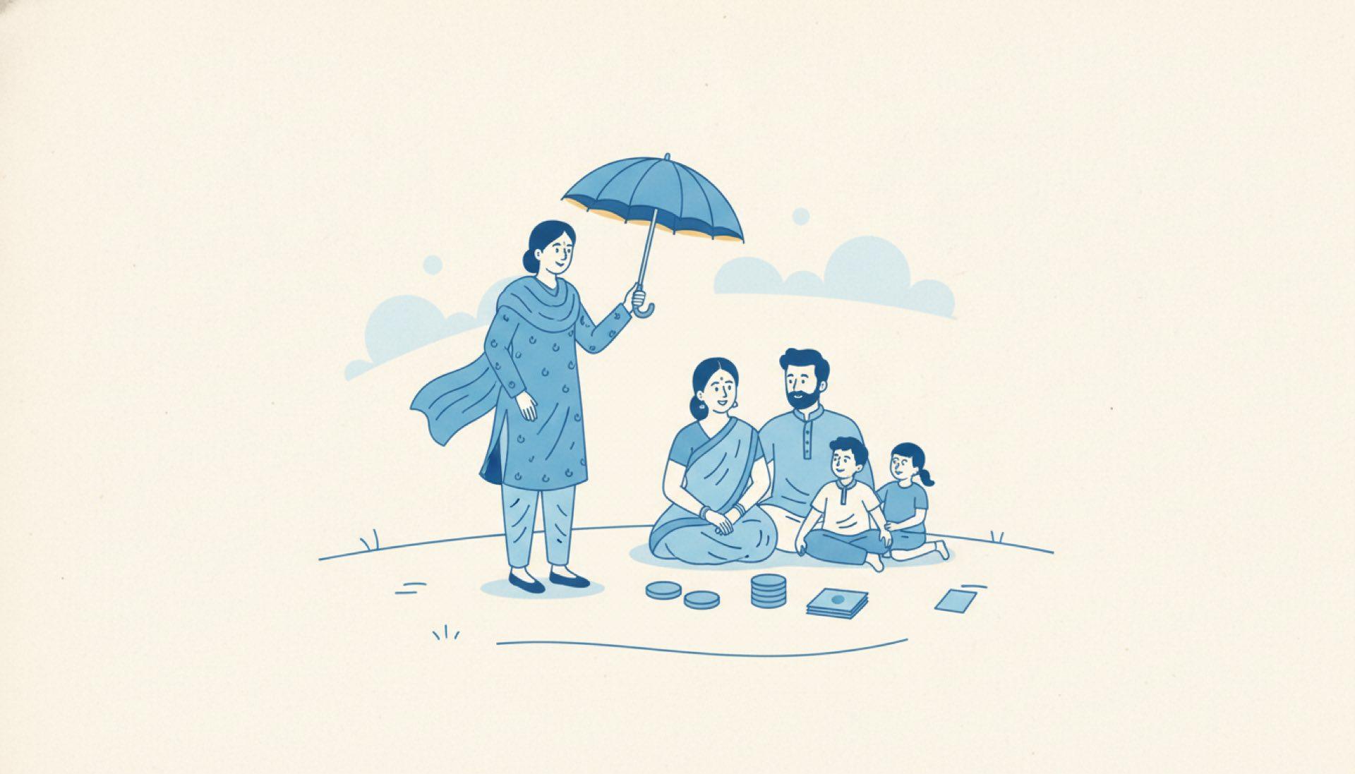 Flat blue illustration of a person holding a protective umbrella over a seated family figure