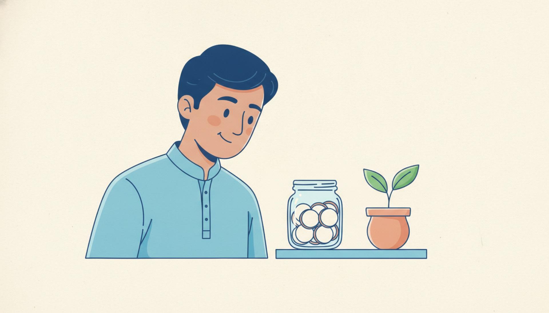 Flat blue illustration of a person watching a jar of coins beside a small sprouting plant
