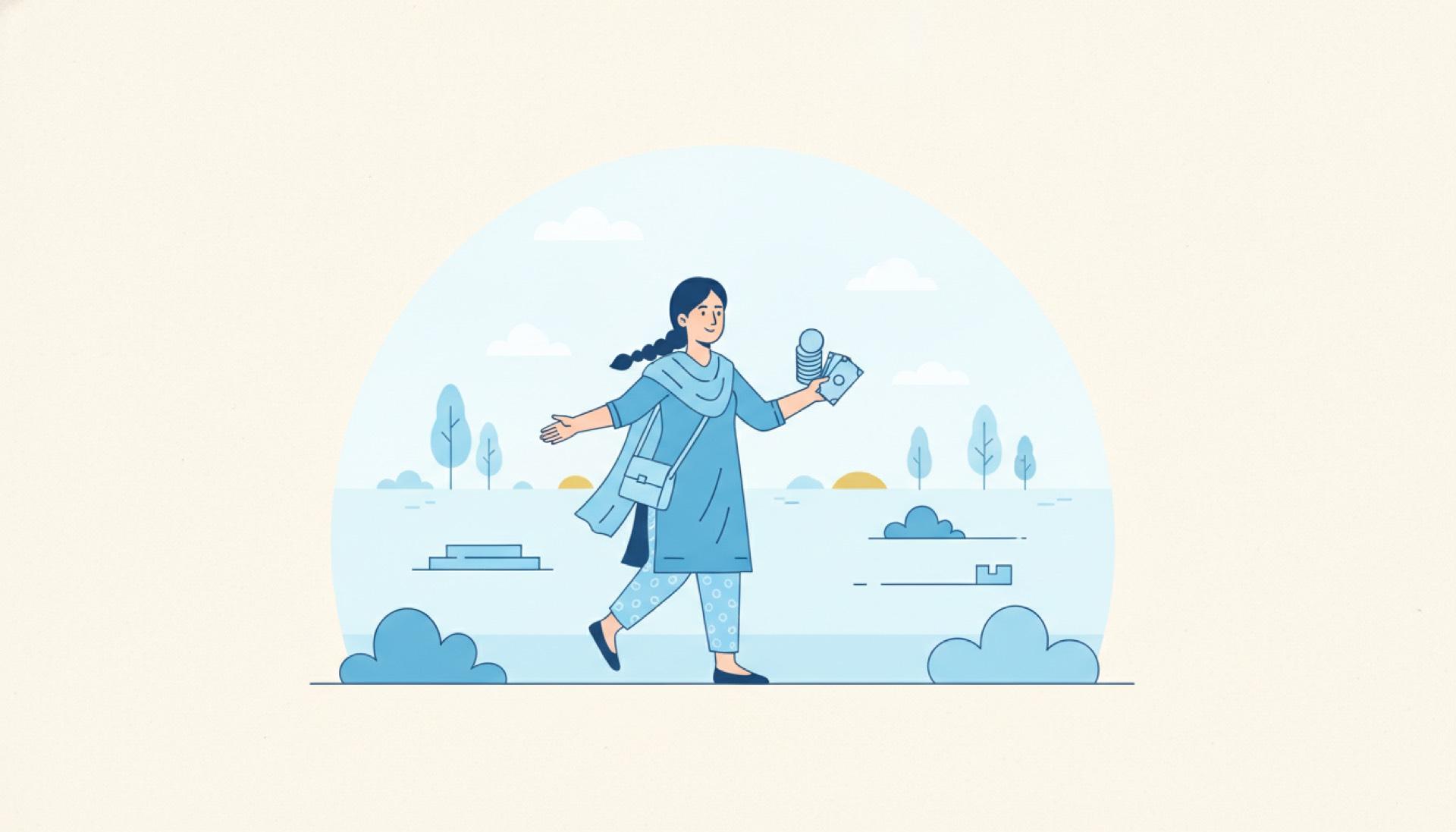 Flat blue illustration of a person stepping across a threshold line into a brighter clearing