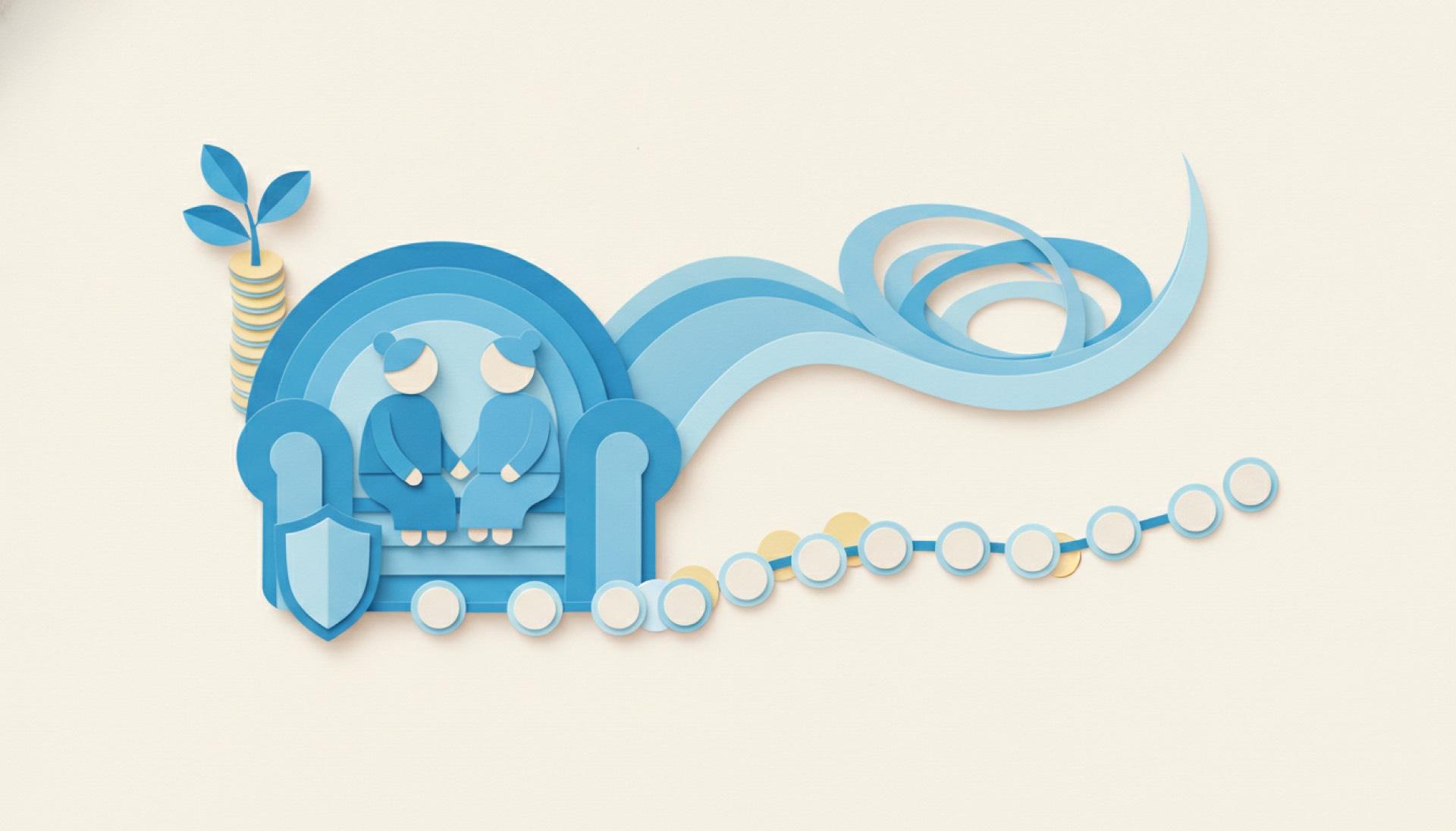 Blue cut-paper illustration of a rounded armchair form beside an arc and a trail of discs