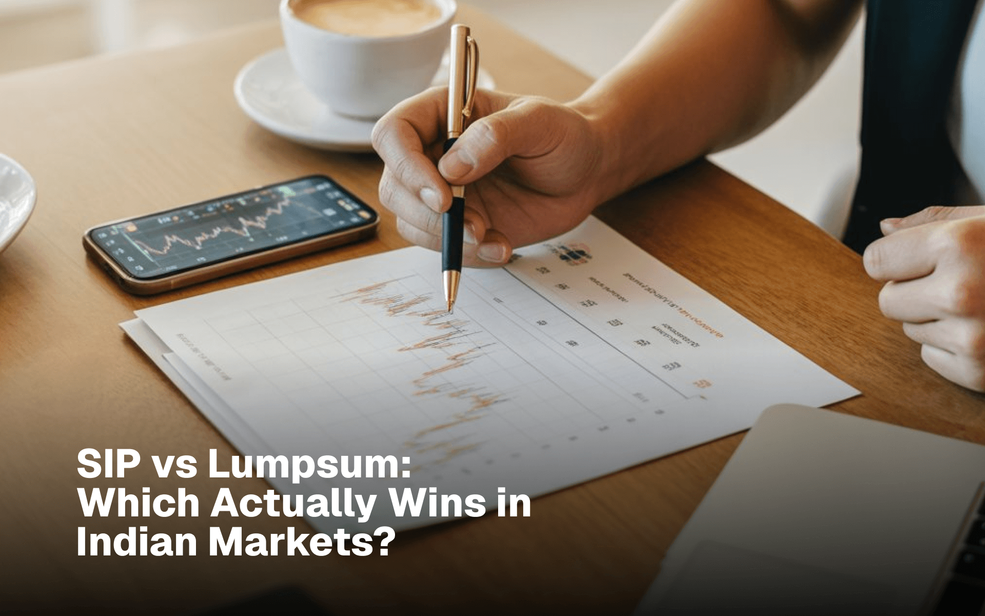Hand annotating a Nifty 50 SIP vs lumpsum return chart over coffee