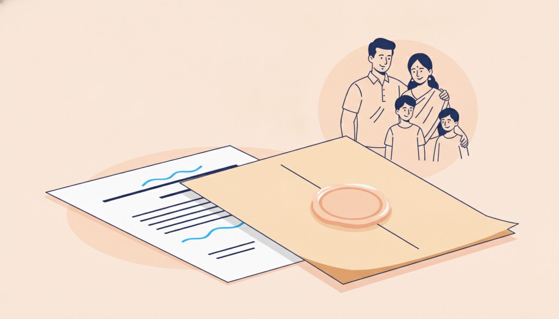 Illustration on a soft blush-peach background of a folded legal certificate and a sealed envelope with a blank wax seal, an Indian family in the corner