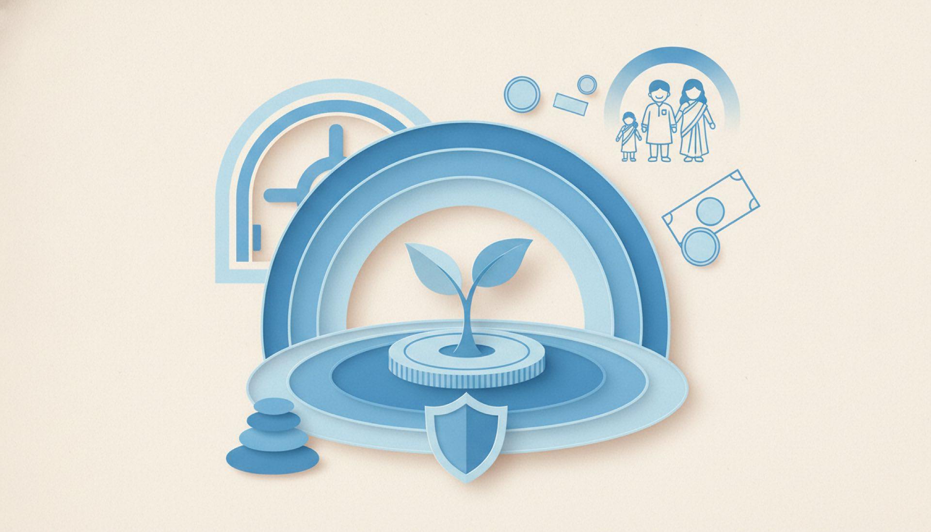 Blue cut-paper illustration of a young sprout cradled in a protective arc with an Indian family nearby