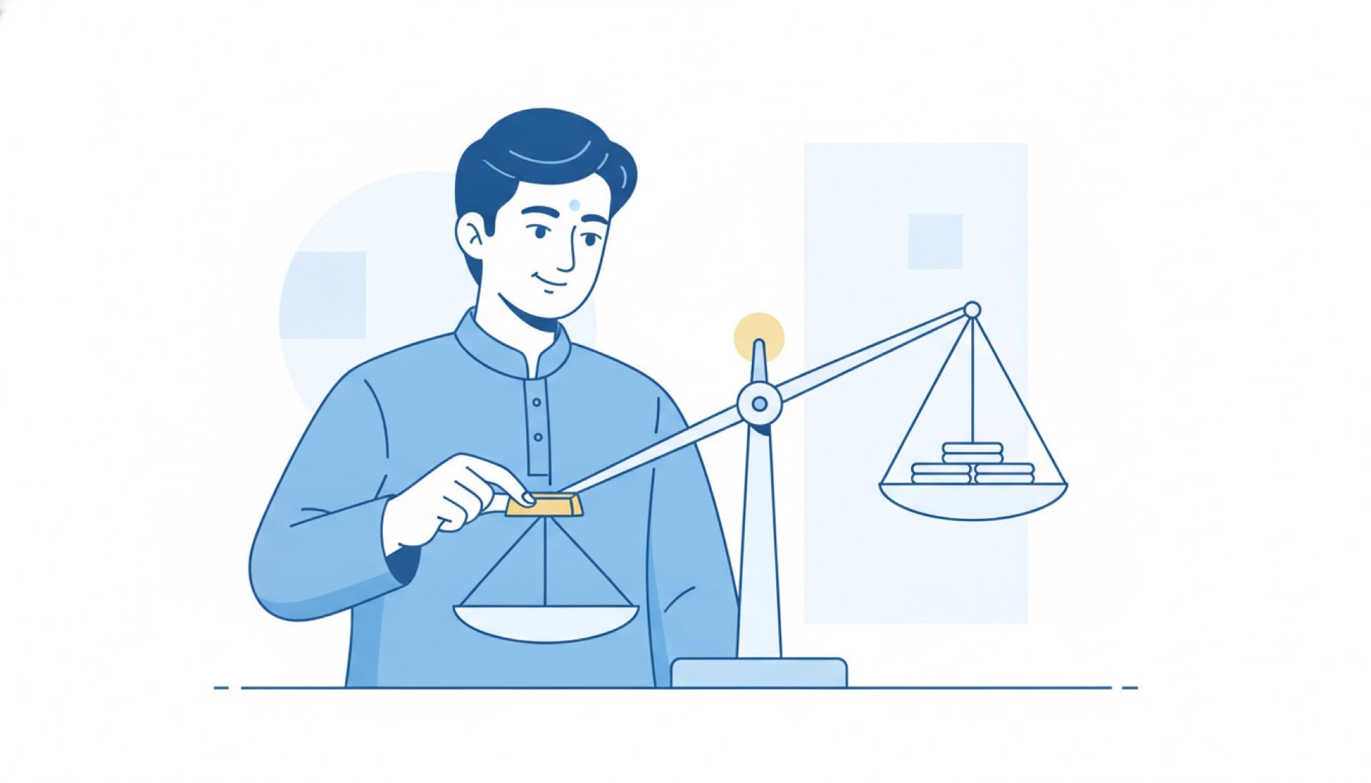 Flat blue illustration of a person setting a small gold-toned bar on a balance scale