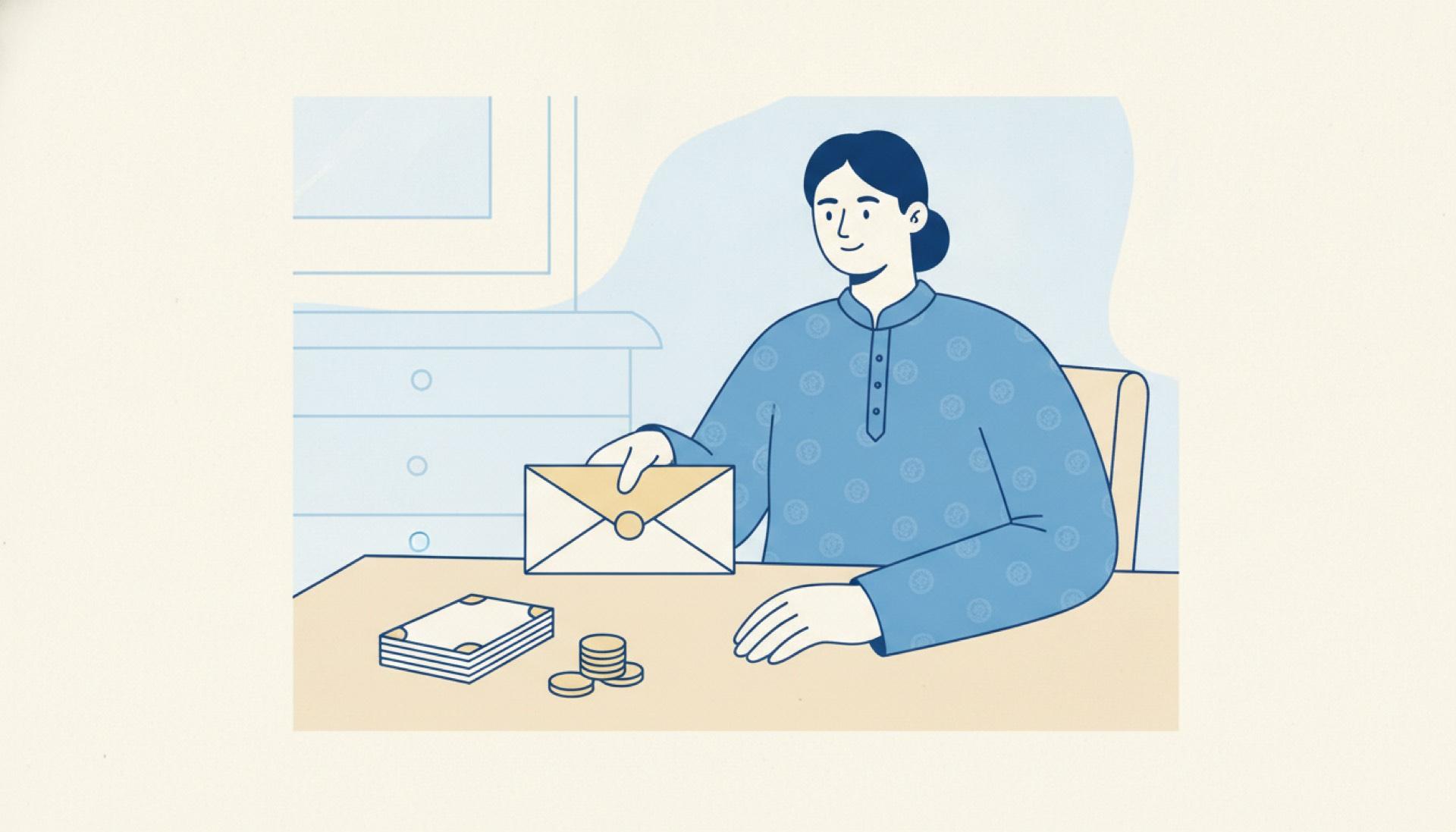 Flat blue illustration of a person receiving a pay envelope with a portion set aside