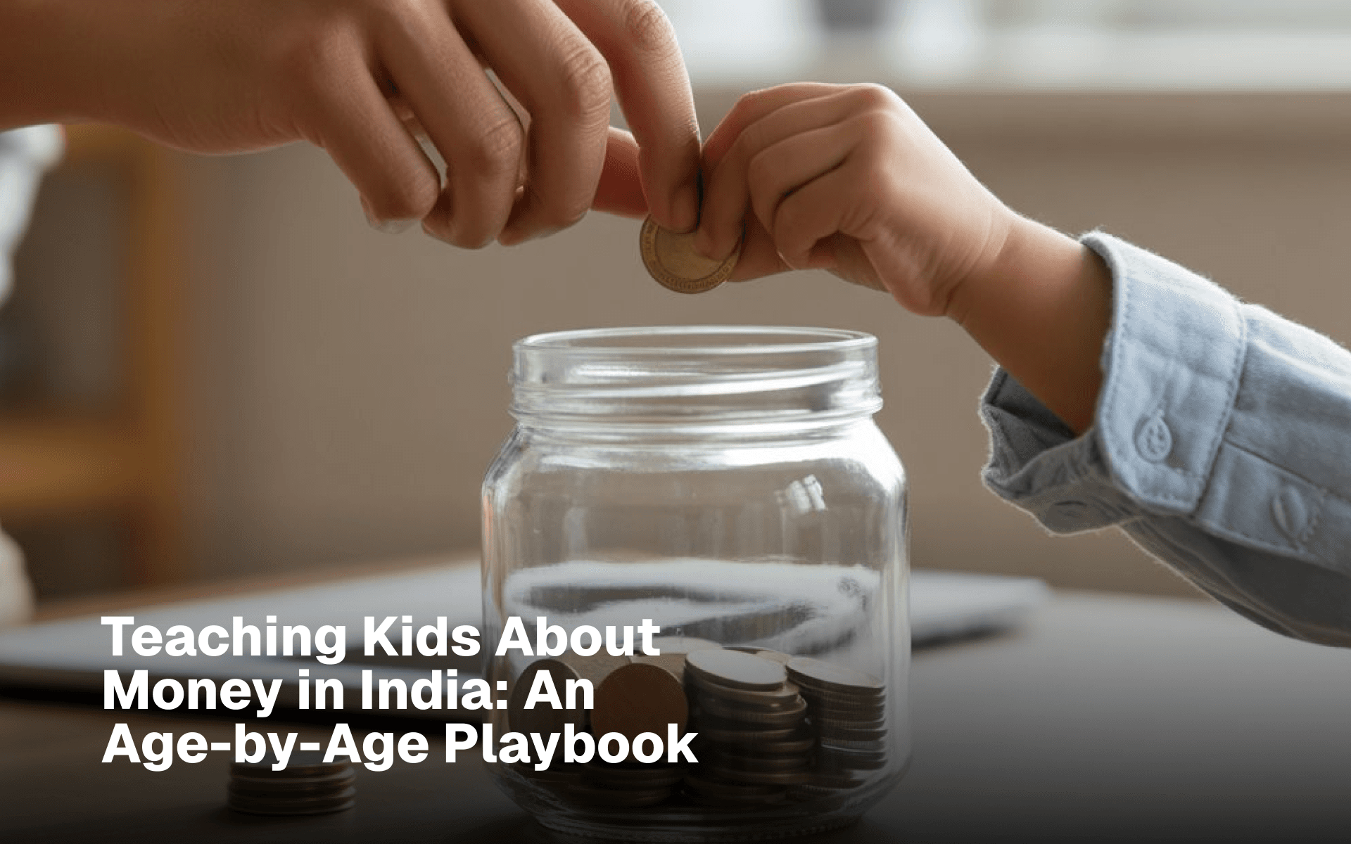 Parent and child placing coins into a glass savings jar together