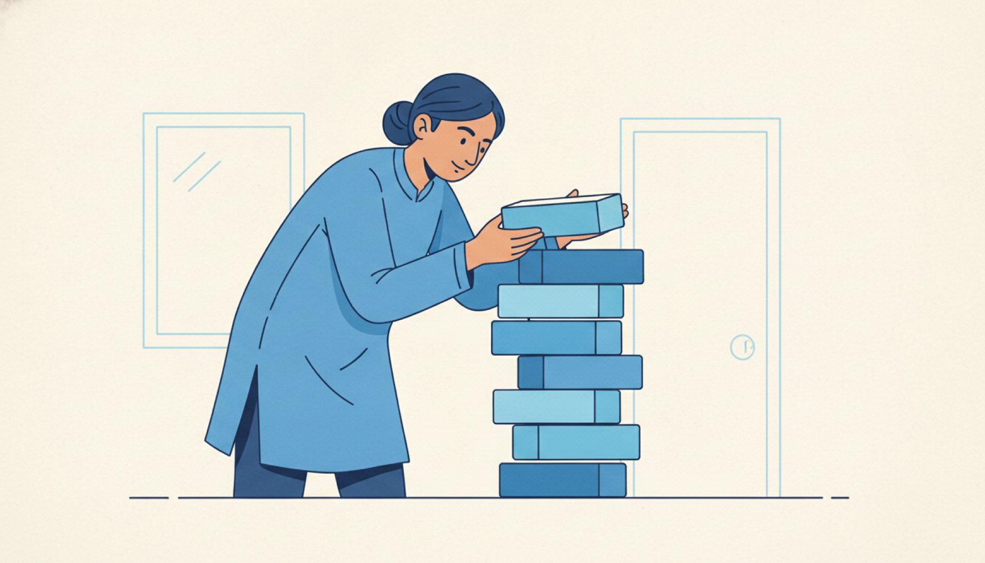 Flat blue illustration of a person placing an extra block on top of a neat stack