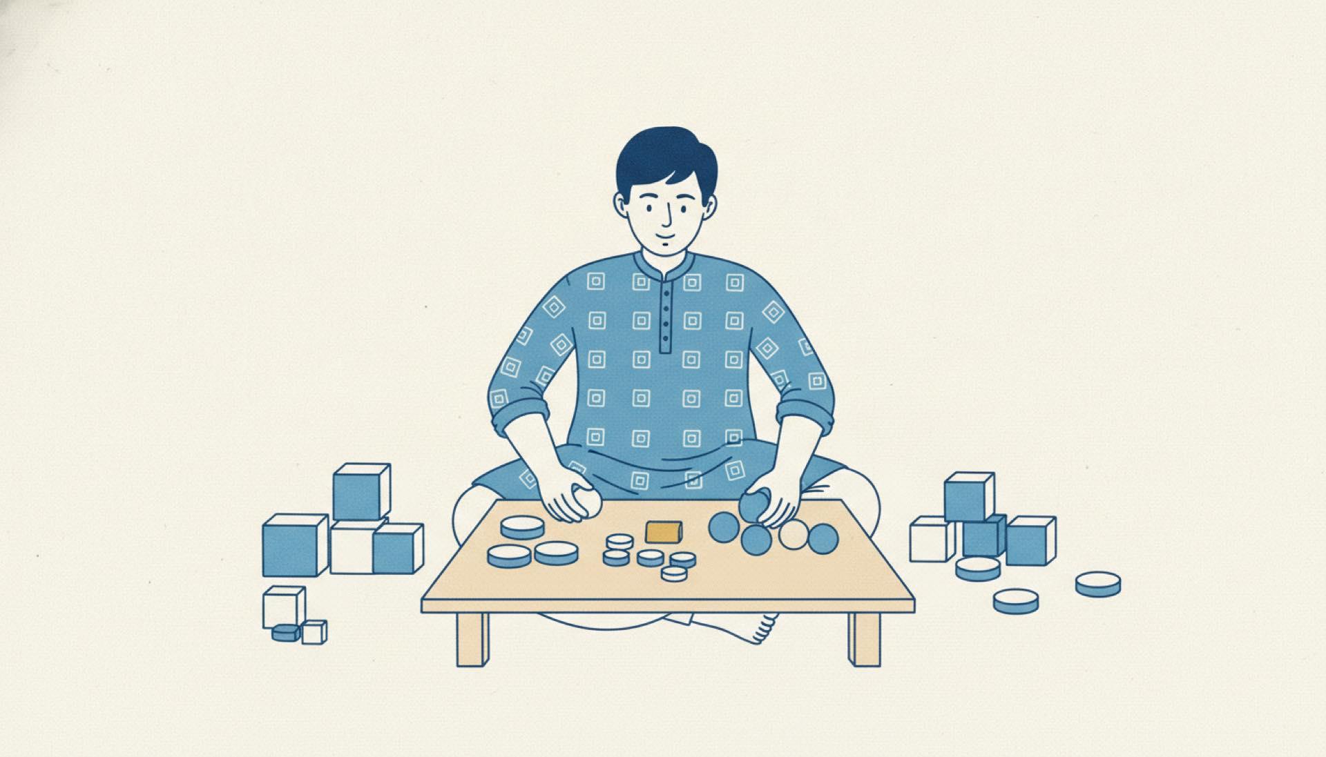 Flat blue illustration of a person sorting different-sized shapes into neat groups on a table