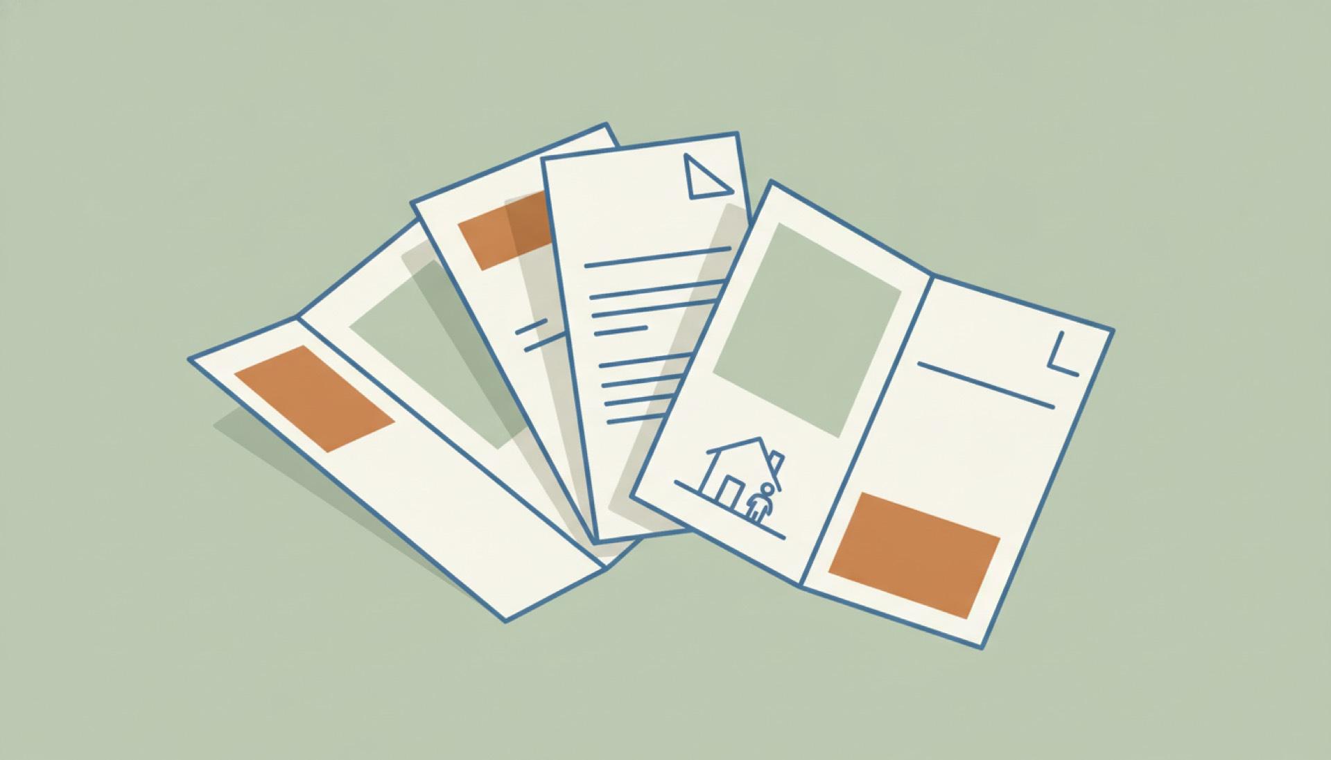 Illustration on a soft sage-green background of a fan of several different folded document forms
