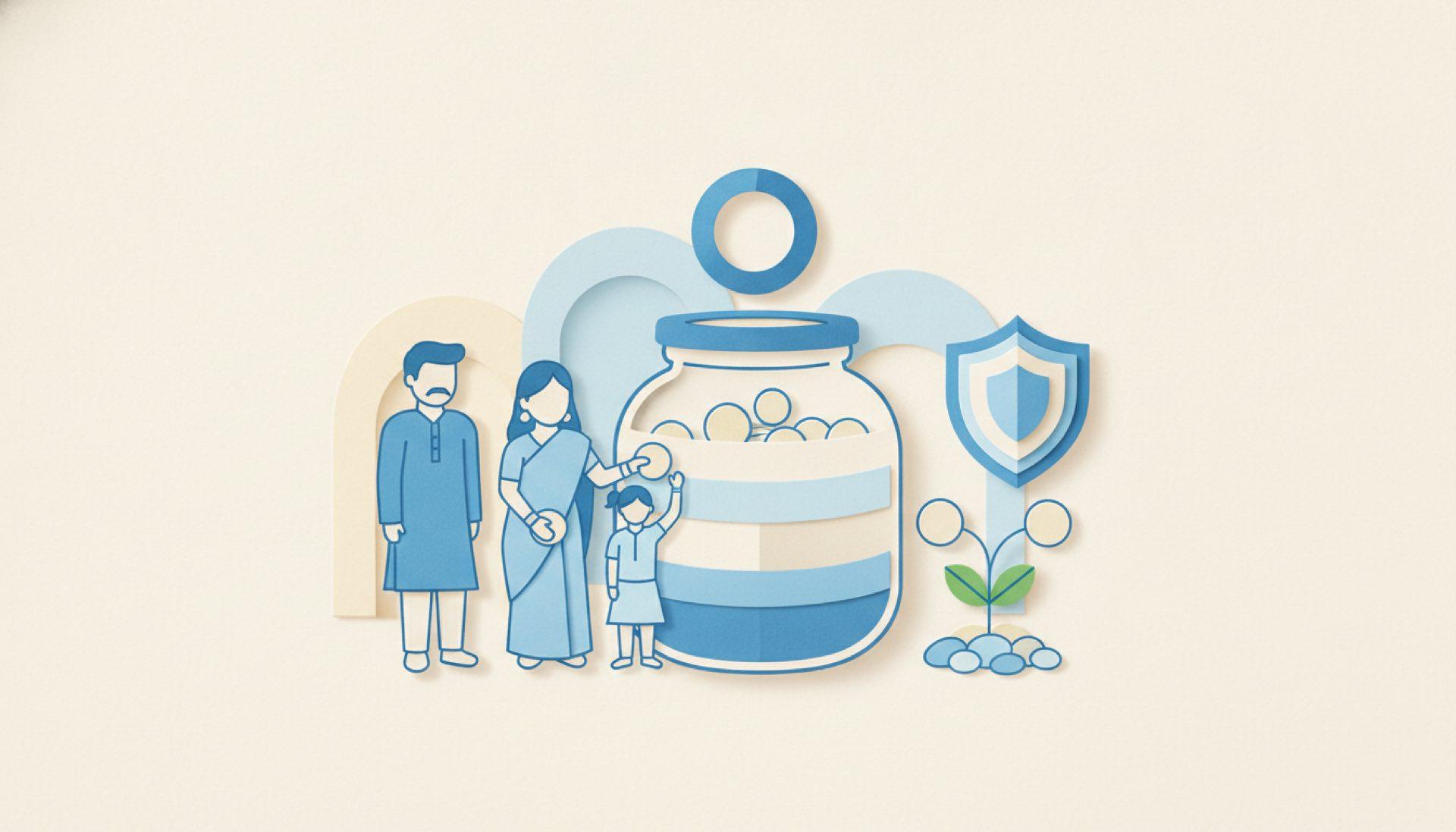 Blue cut-paper illustration of a rounded jar with an extra layer added on top