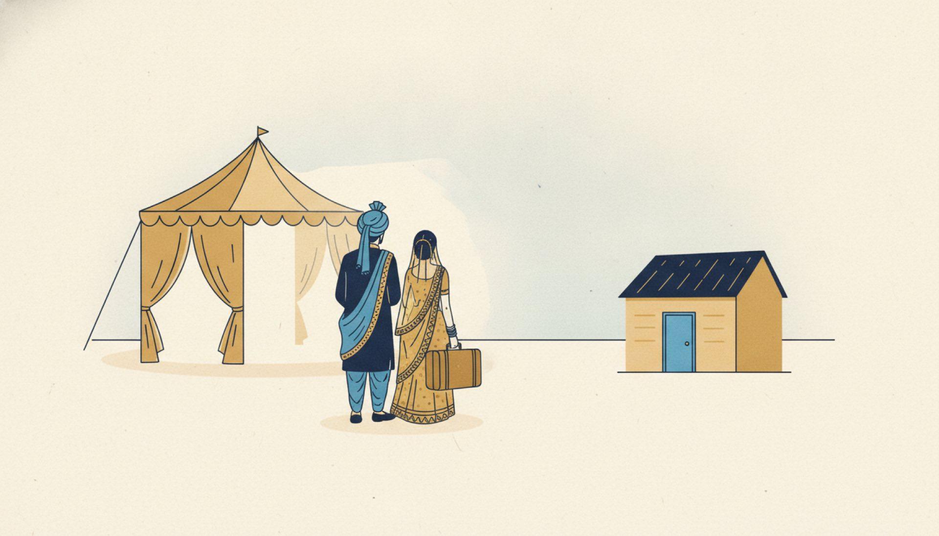 Line-art illustration of an Indian bride and groom in wedding finery walking away from a marquee towards a small modest house at dawn, carrying a single suitcase between them
