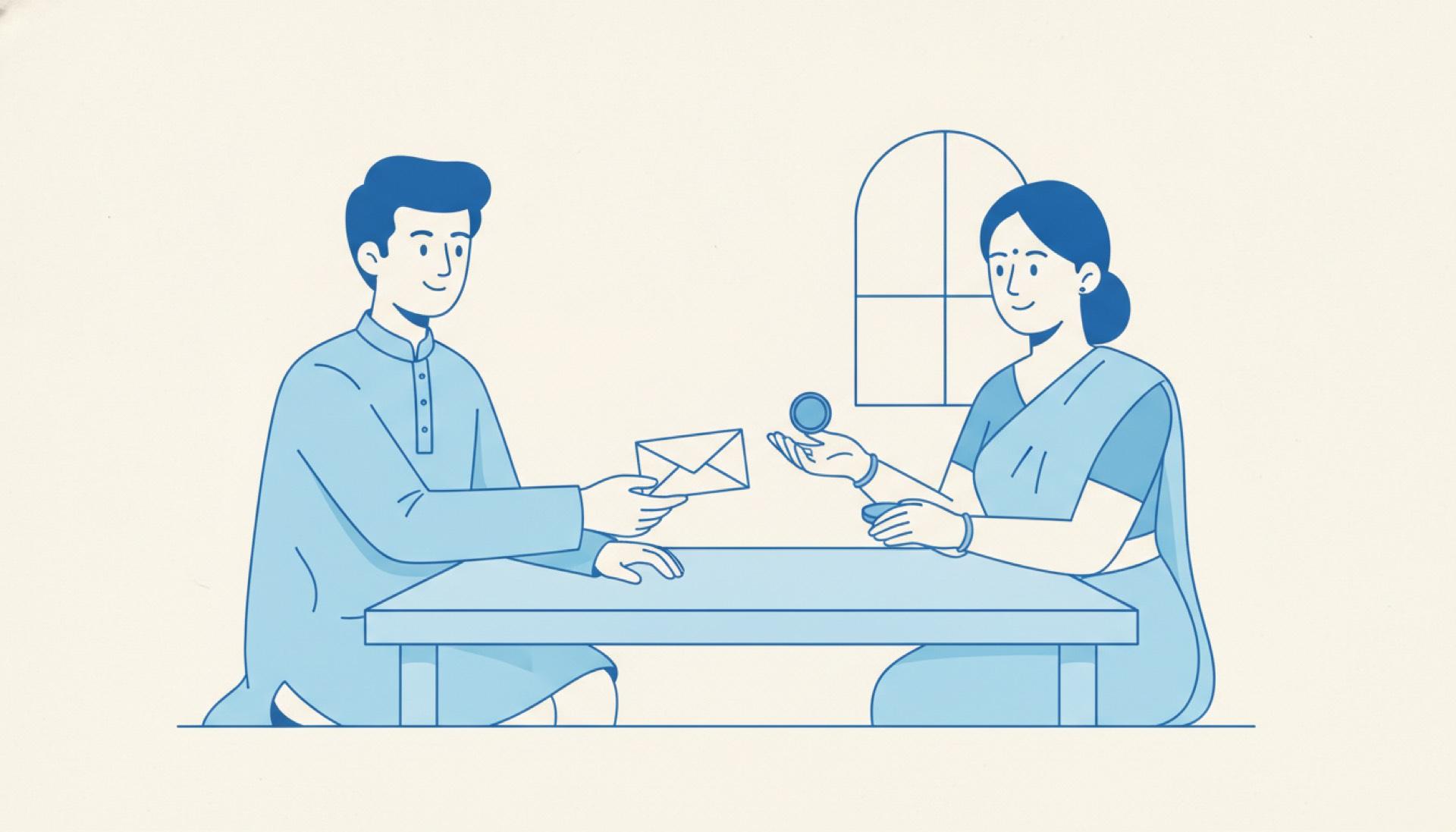 Flat blue illustration of two people at a table, one handing an envelope across and receiving a token
