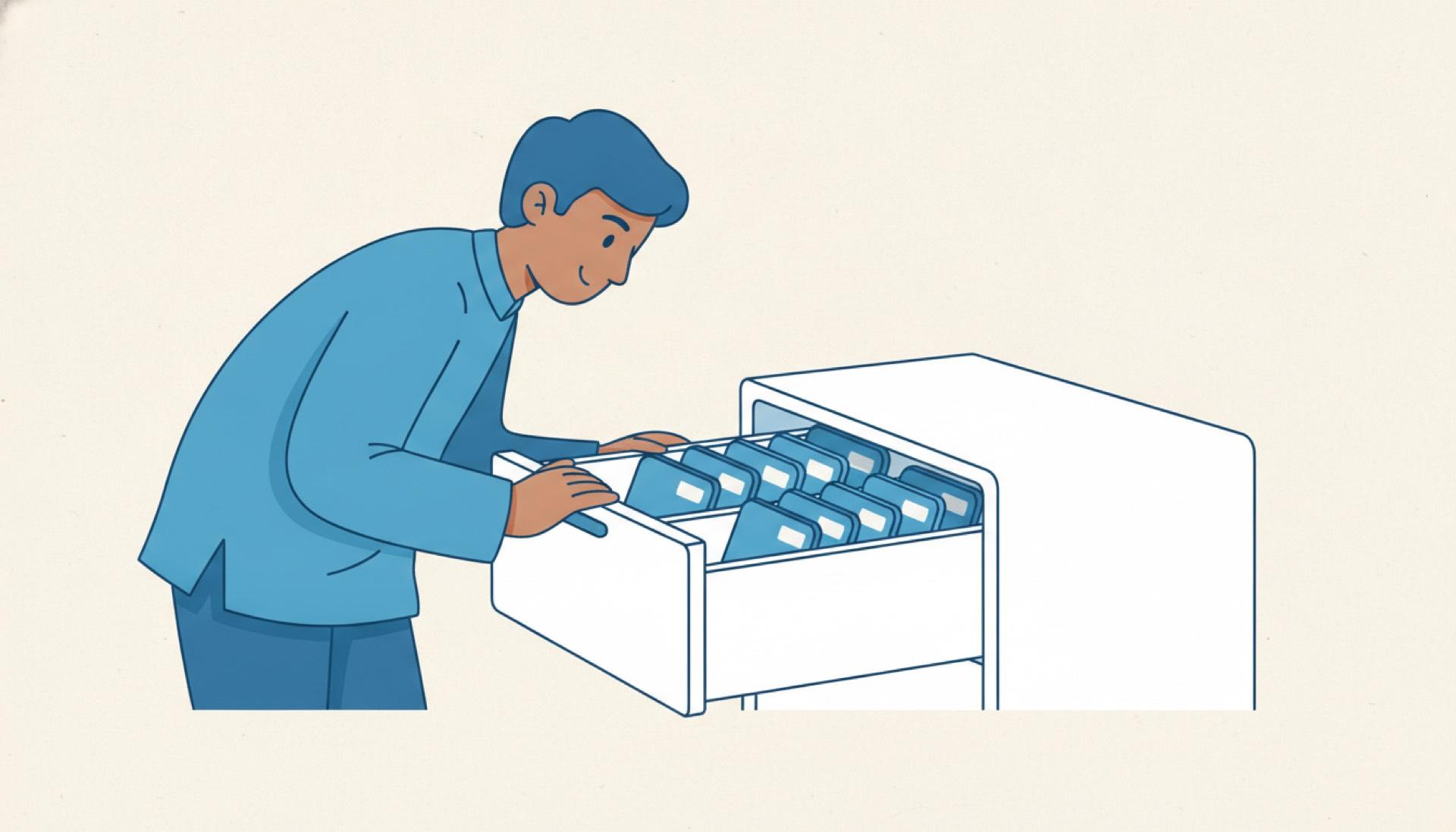 Flat blue illustration of a person viewing neat cards stored in an open drawer
