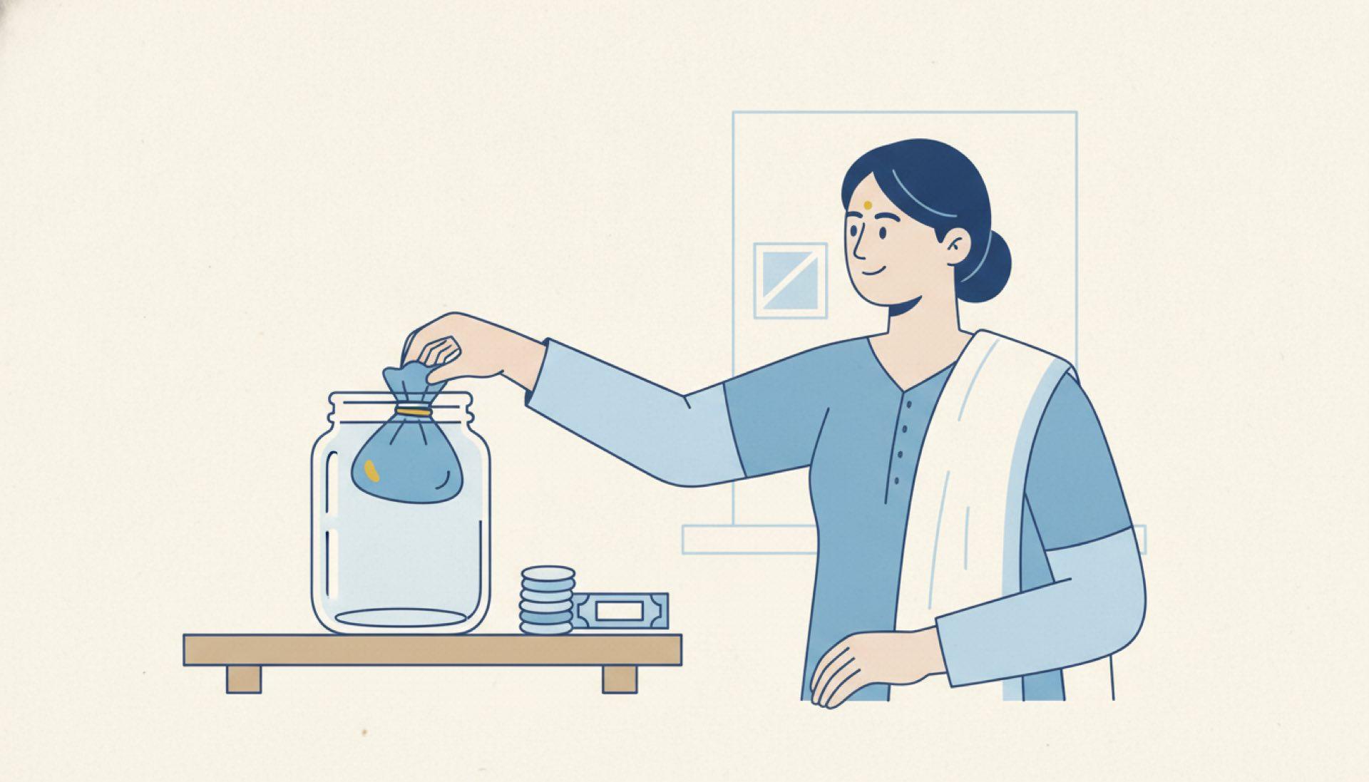 Flat blue illustration of a person reaching easily for a pouch in an open jar on a low shelf
