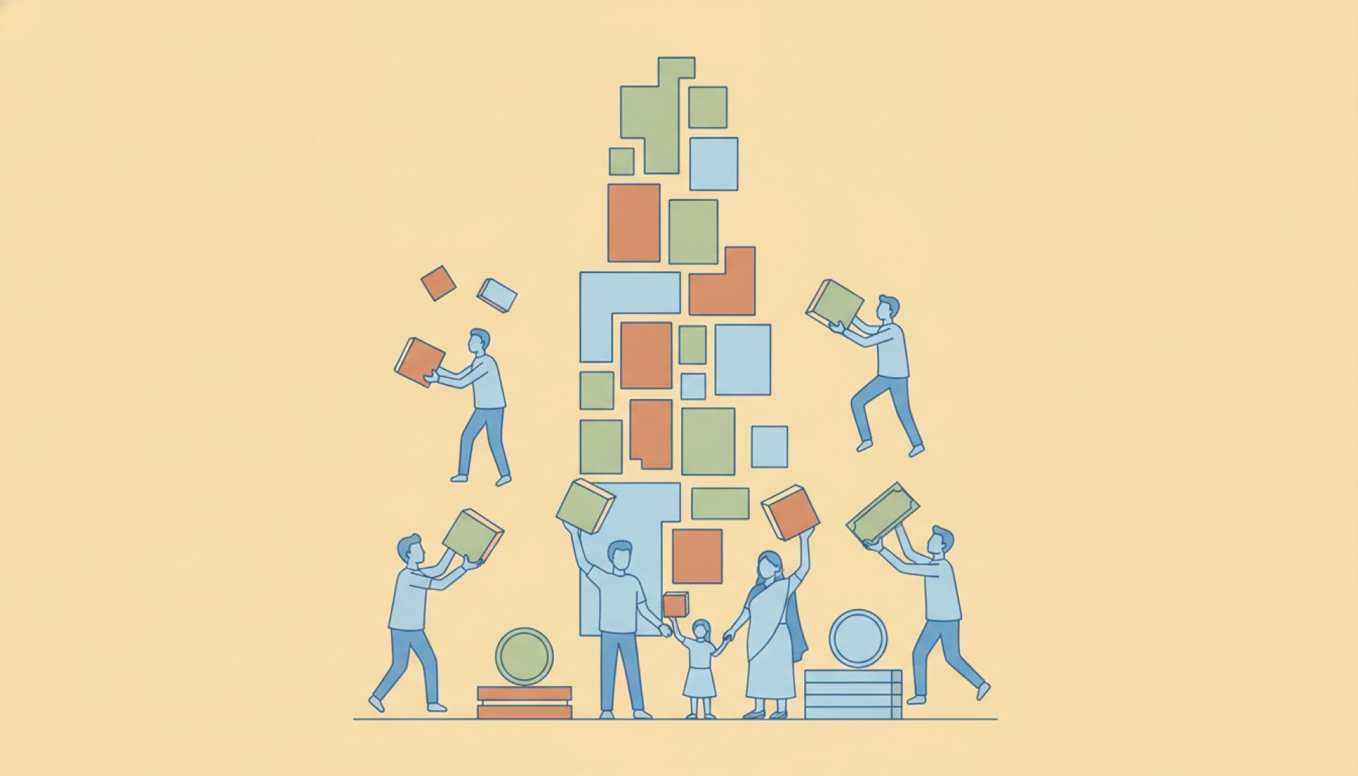 Line-art illustration on a soft yellow background of people stacking building blocks into a tower beside a family, showing property split into units