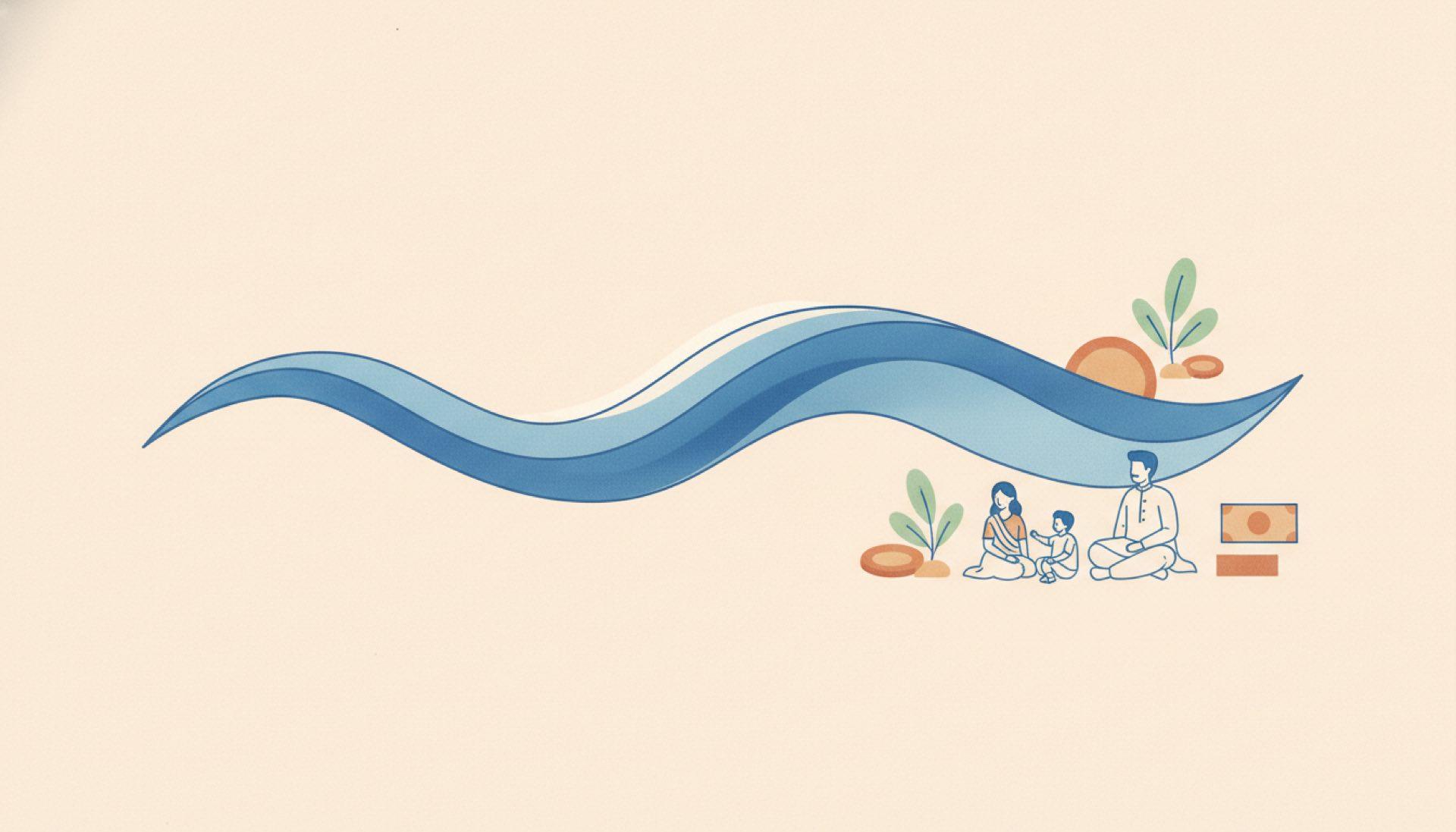 Illustration on a soft apricot background of a steady repeating wave with a figure resting beside it