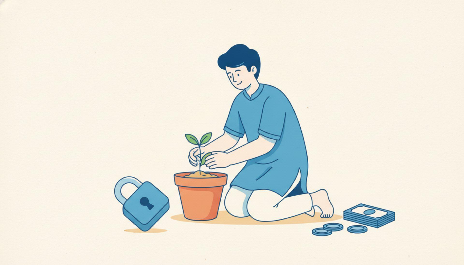 Flat blue illustration of a person planting a seedling in a pot with a small padlock shape beside it