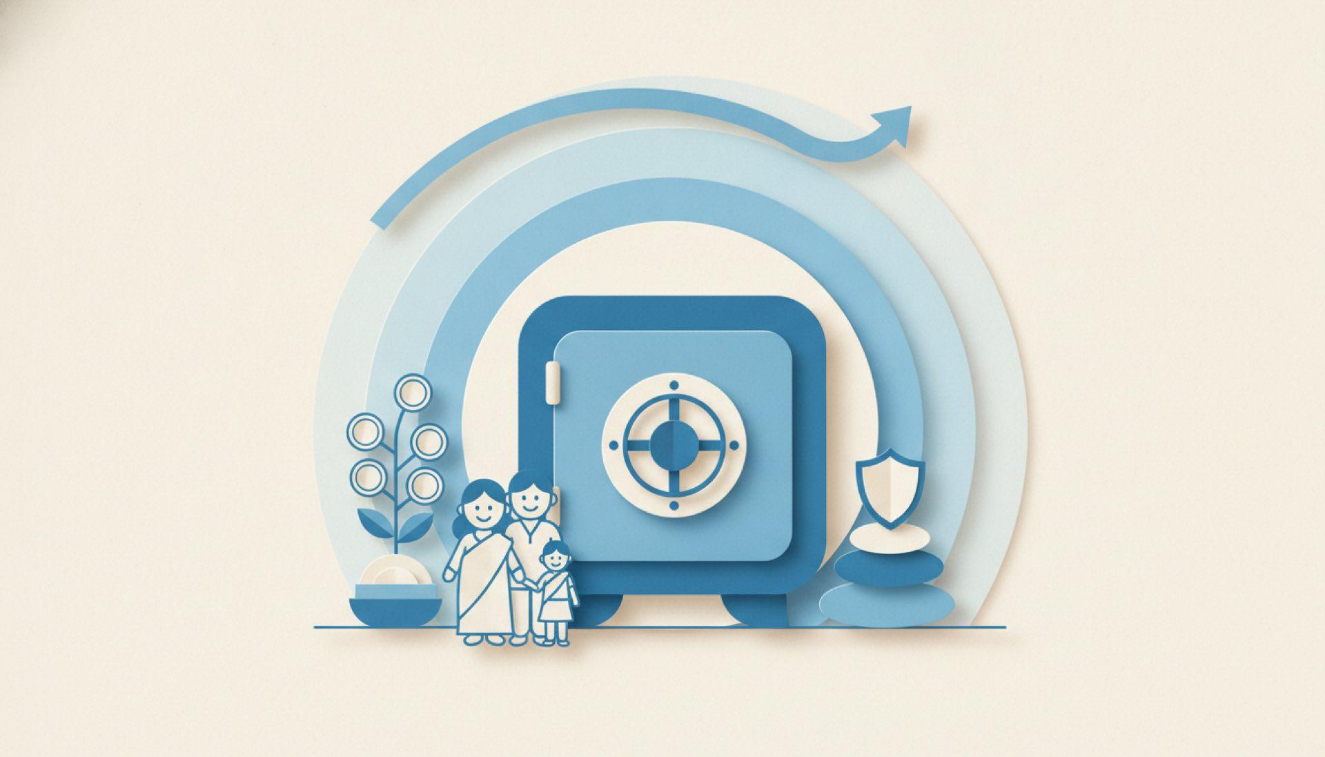 Blue cut-paper illustration of a rounded safe with a soft sunburst behind it