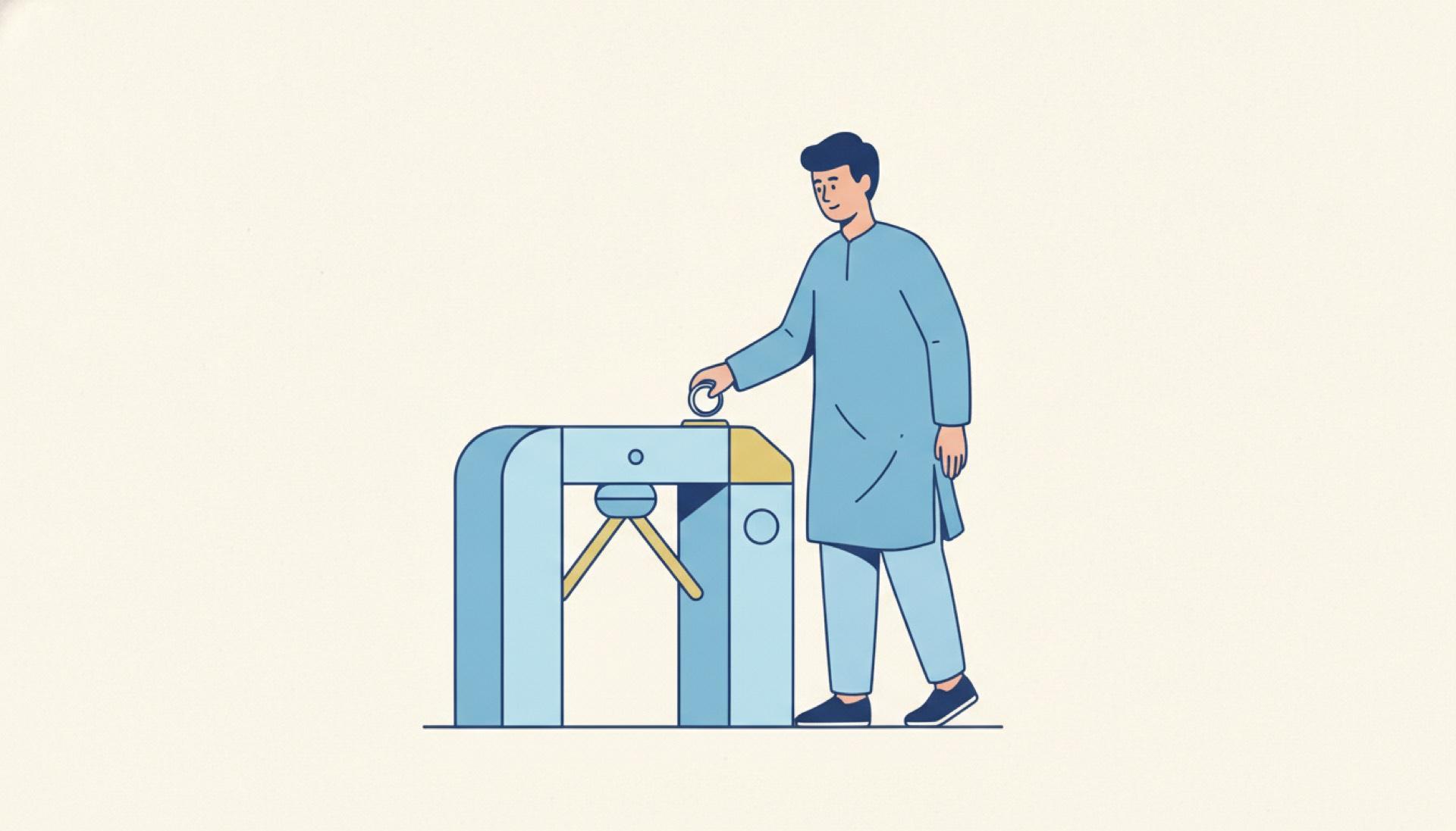 Flat blue illustration of a person passing through an exit turnstile and dropping a token into it