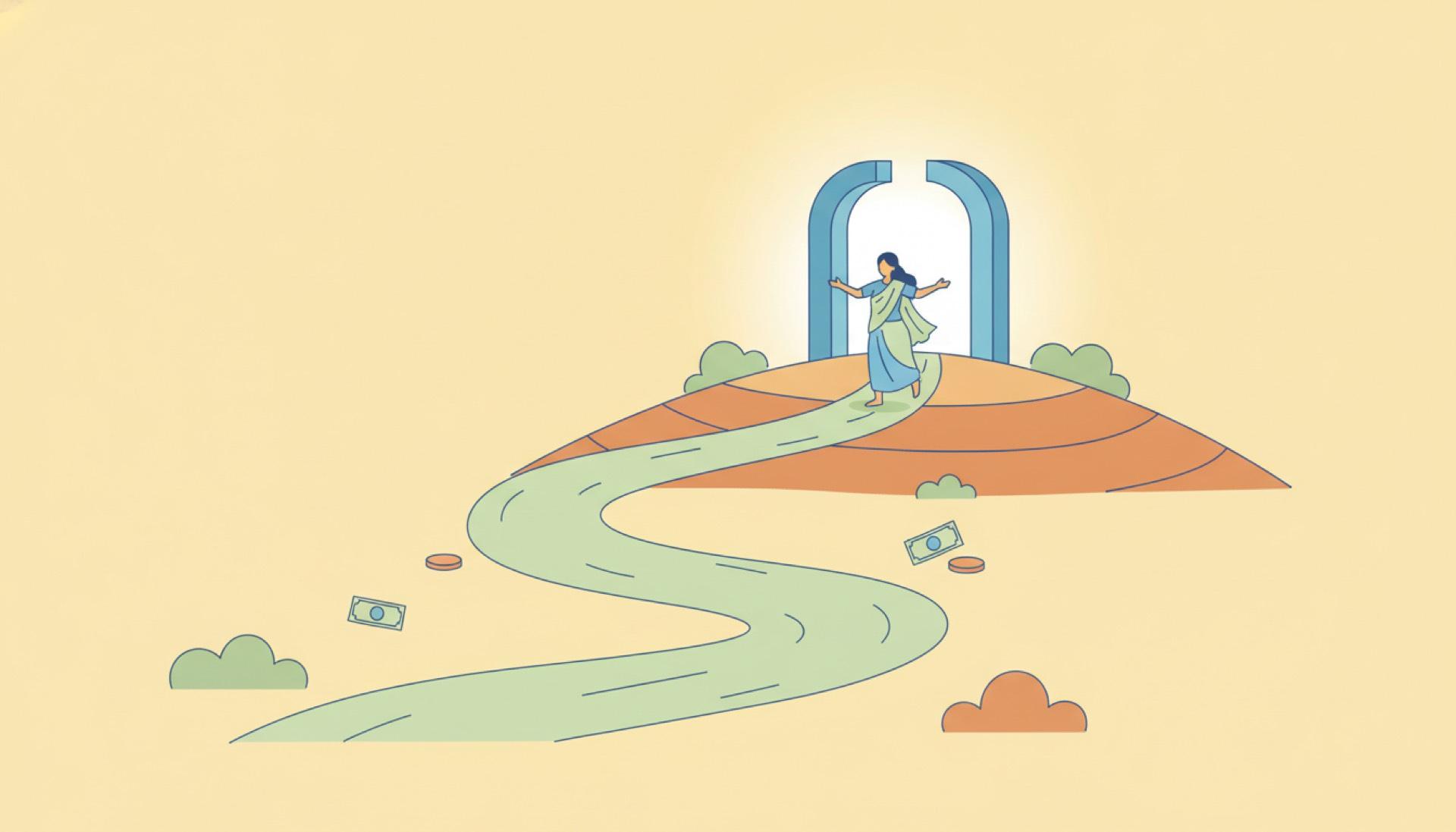Illustration on a soft yellow background of a path leading to an open gateway of light on a hill