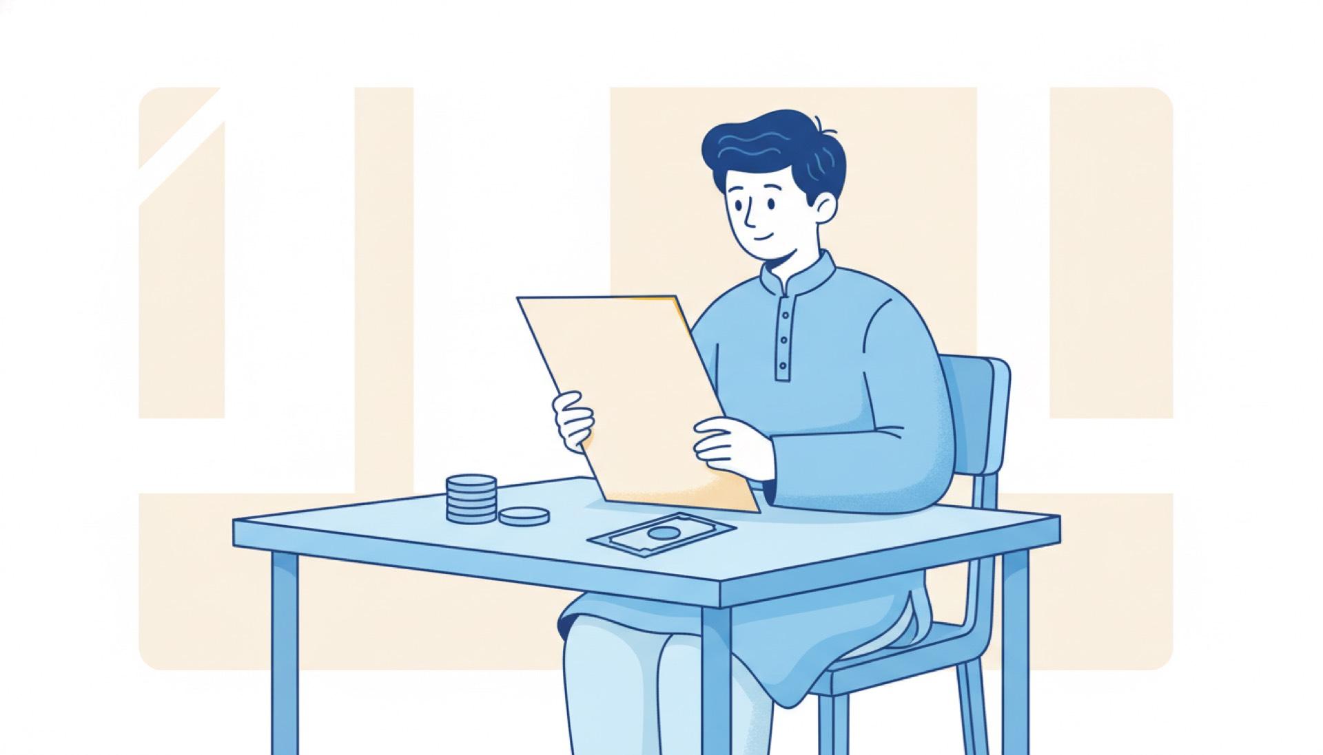 Flat blue illustration of a person reading a single official-looking document at a desk