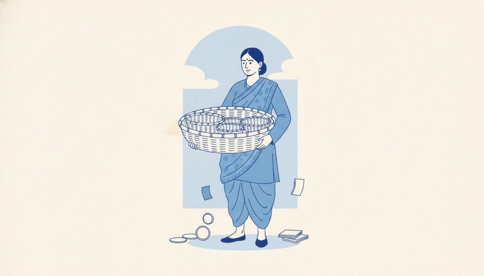 Flat blue illustration of a person holding a large basket that contains several smaller baskets